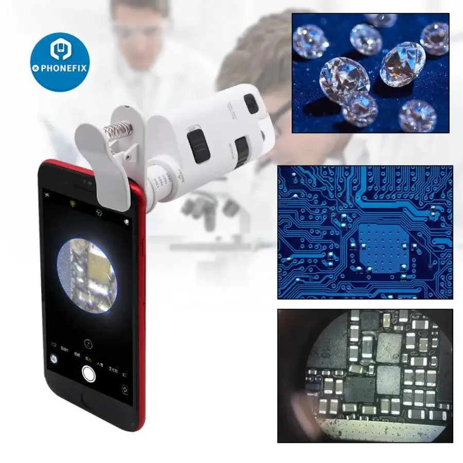 120X Pocket Phone Microscope Clip Magnifying Glass LED UV Light