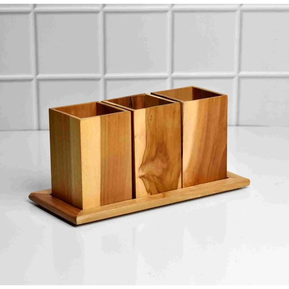 3 Container Teak Wood Desk Organizer Office Pen/Pencil Cutlery Spoon Holder