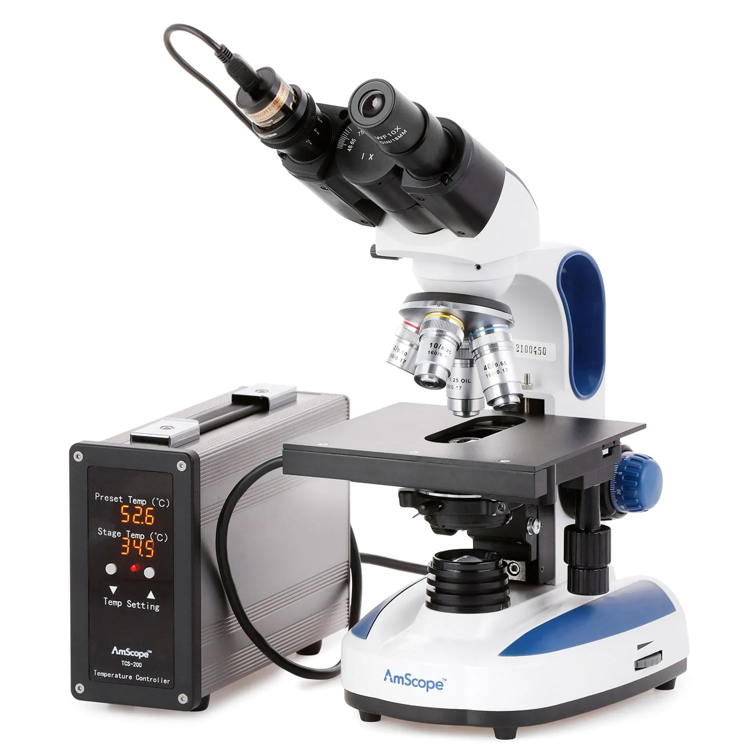 AmScope B270 Series Advanced Student and Professional Binocular Compound Microscope 40X-2500X Magnification with Temperature Control Stage Warmer and Slide Preparation Kit   Optional Eyepiece Camera