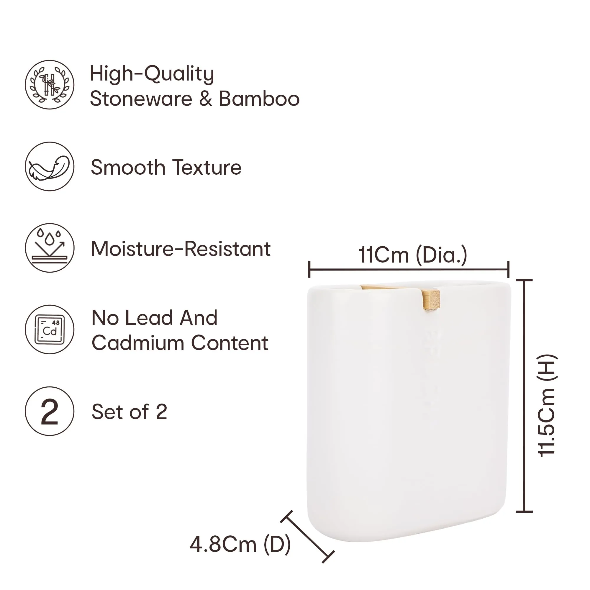 Anko Stoneware & Bamboo Toothbrush Holder for Bathroom - Pack of 2 | Rust-Proof, Leak-Proof, Easy to Clean | White | 11.5 Cm (H) x 11 Cm (W) x 4.8 Cm (D) (Bamboo)