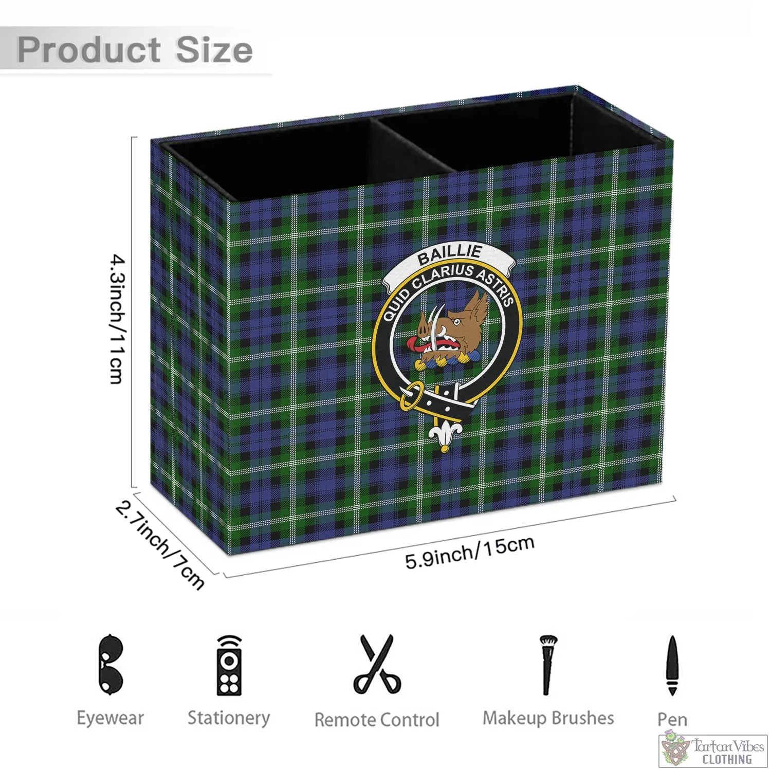 Baillie (Bailey) Tartan Pen Holder with Family Crest