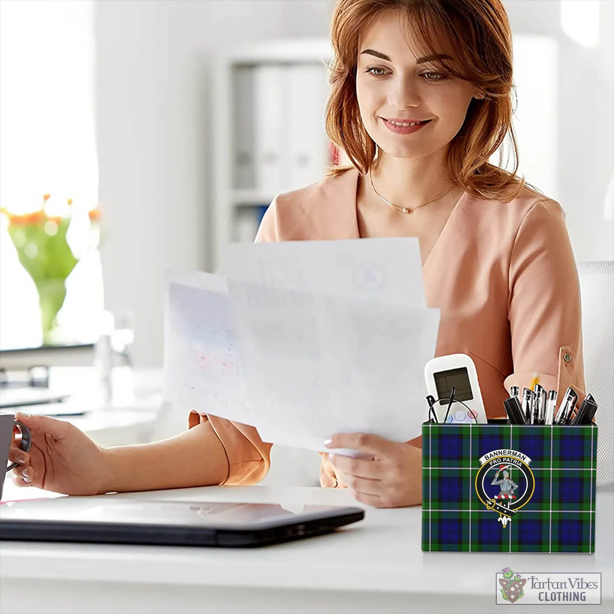 Bannerman Tartan Pen Holder with Family Crest