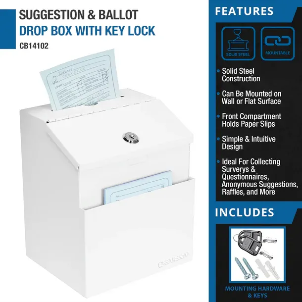 Barska CB14102 Suggestion/Ballot Box with Key Lock and Slot, White