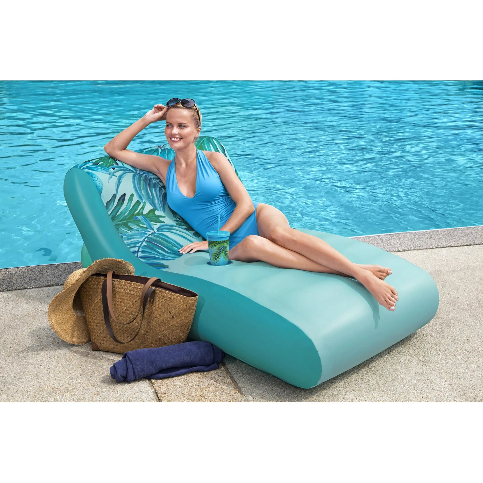 Bestway H2OGO! Luxury Fabric Covered 64" Inflatable Pool Lounger Float, Blue