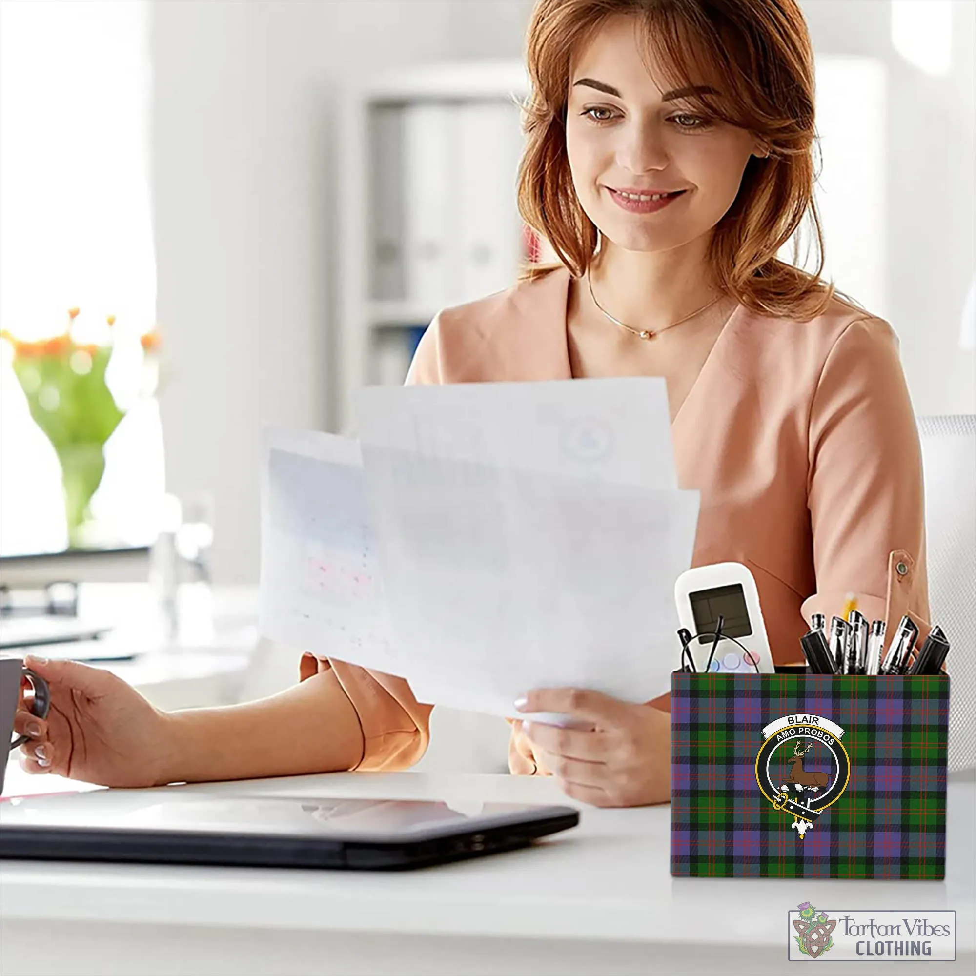 Blair Modern Tartan Pen Holder with Family Crest