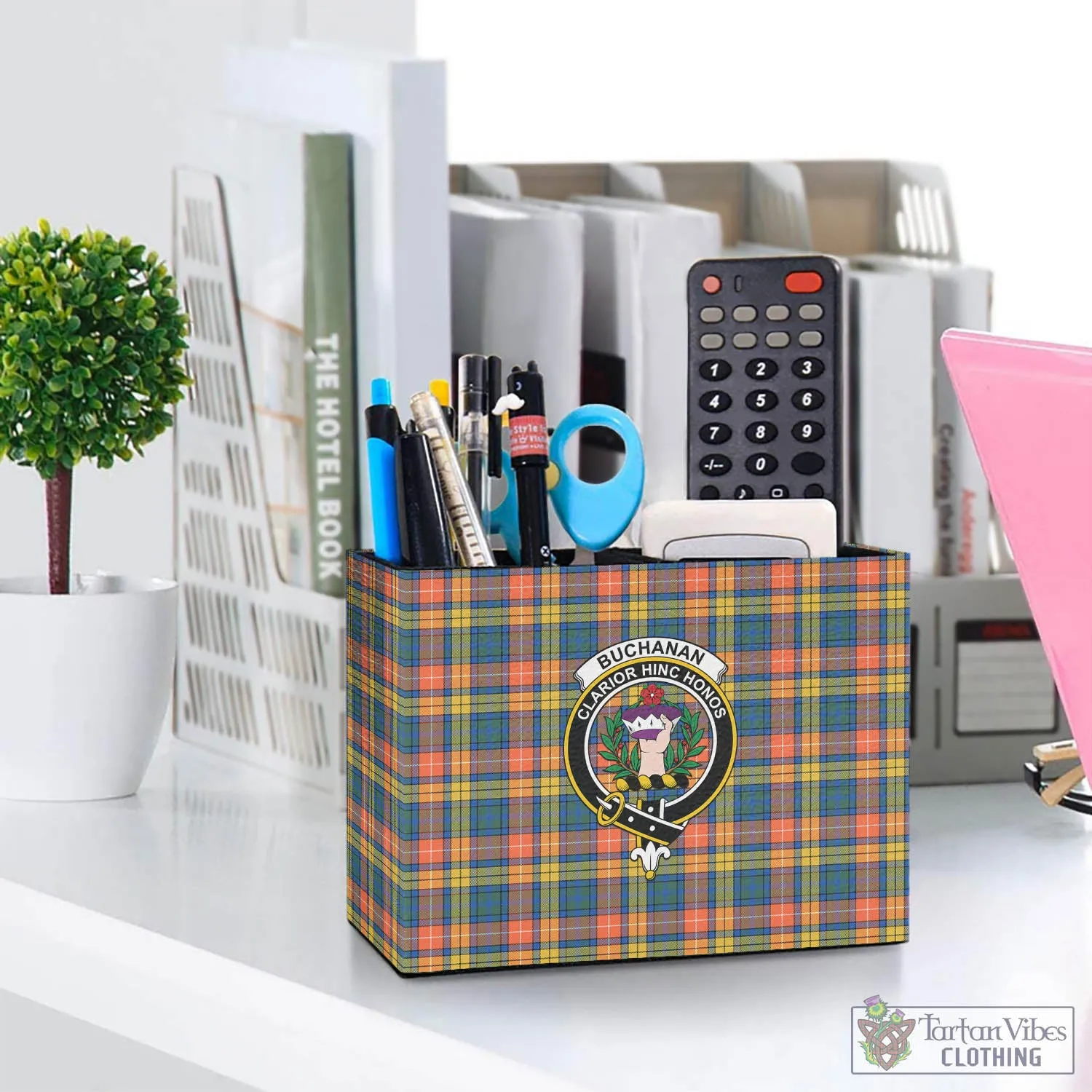 Buchanan Ancient Tartan Pen Holder with Family Crest