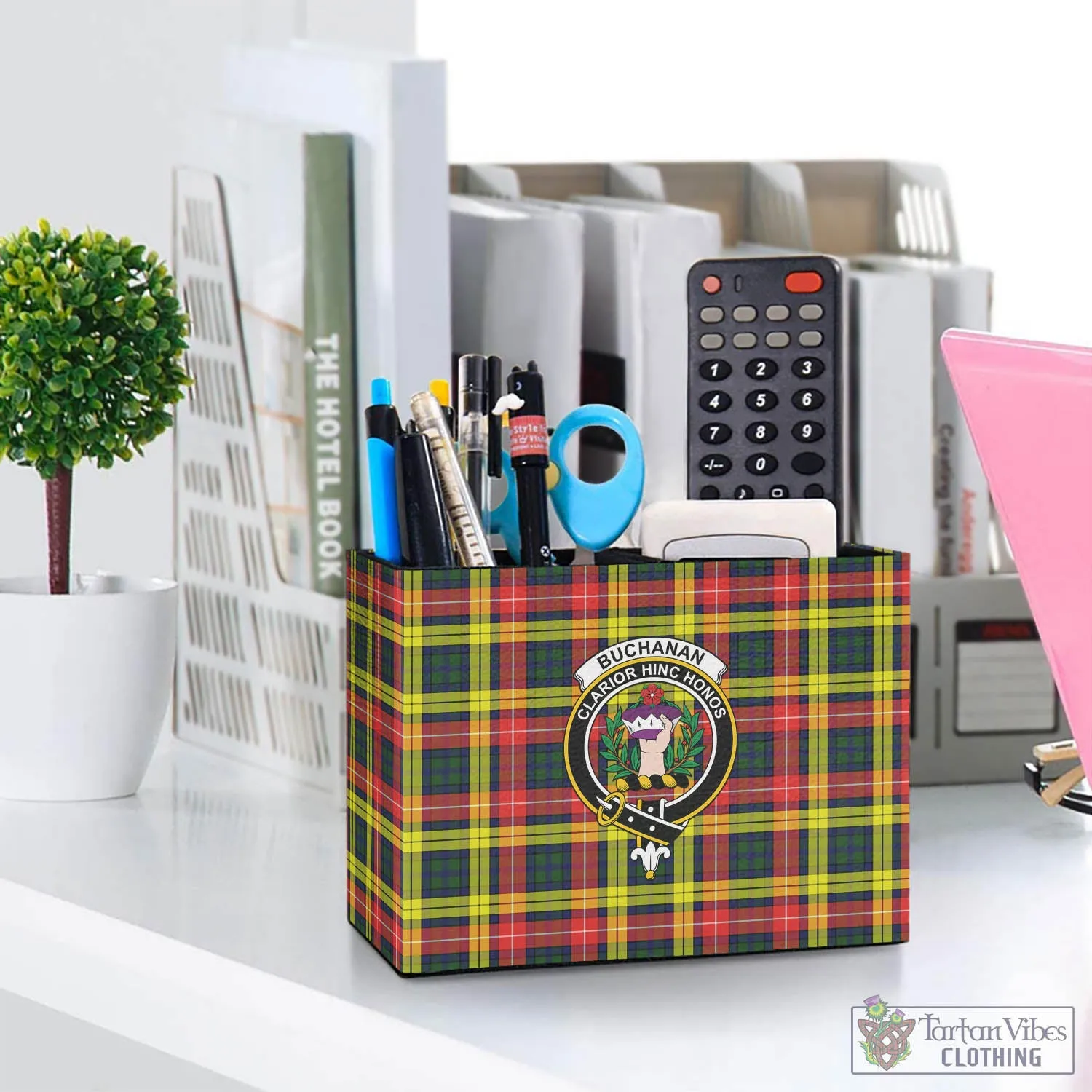 Buchanan Modern Tartan Pen Holder with Family Crest