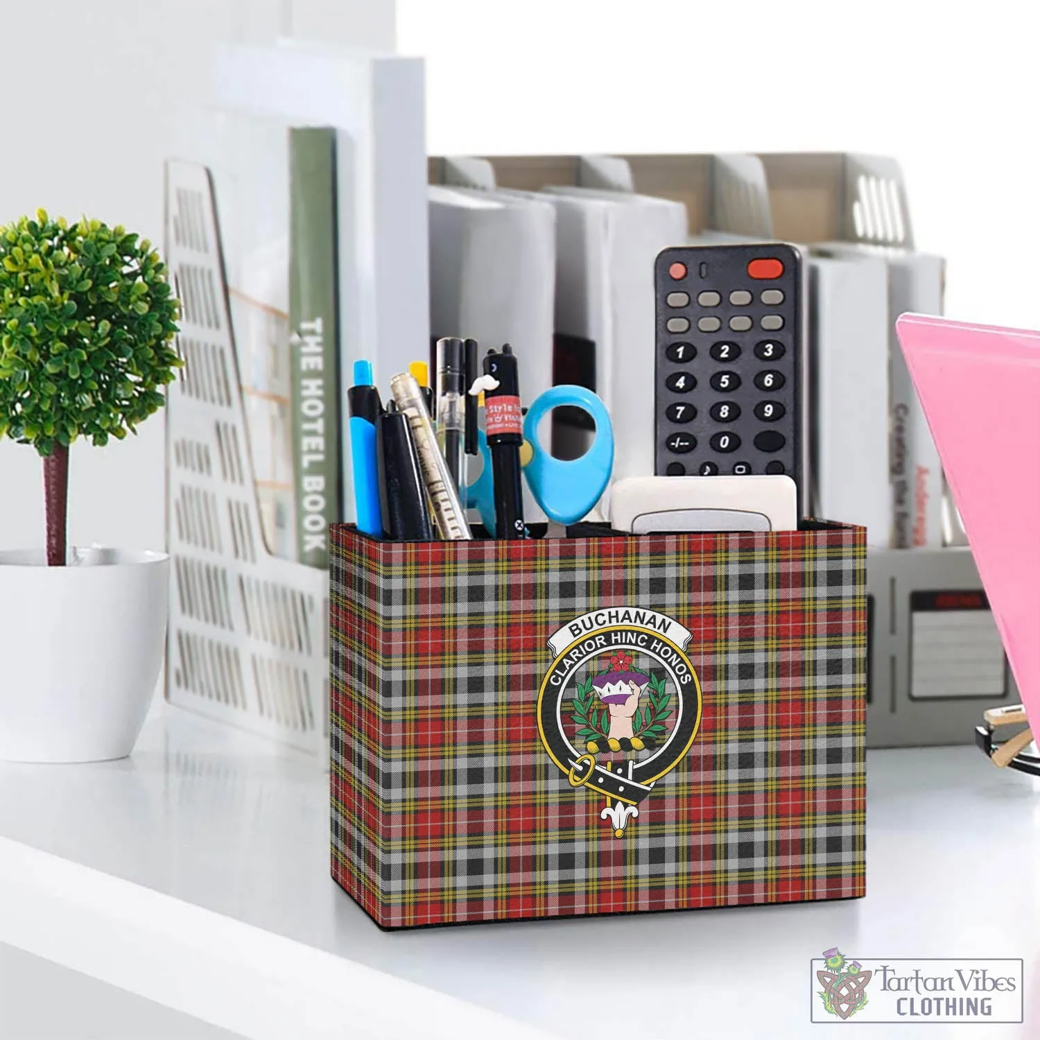 Buchanan Old Dress Tartan Pen Holder with Family Crest