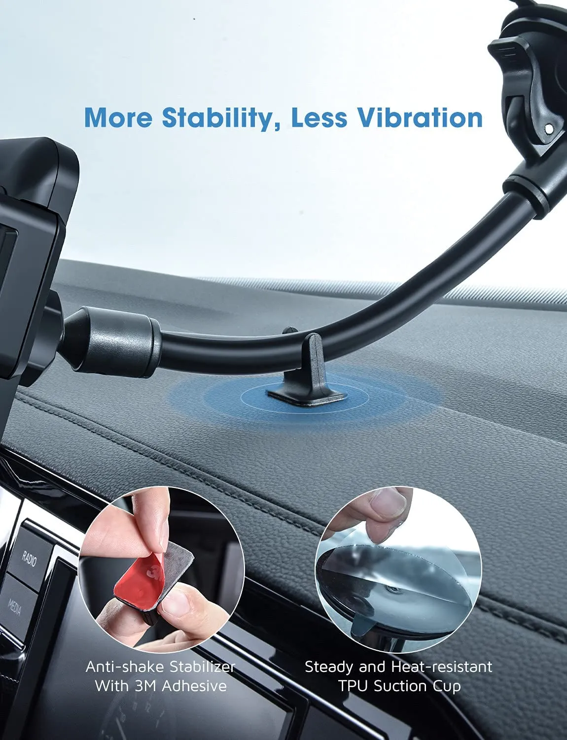 Car Phone Holder Mount, Long Gooseneck Windshield Phone Holder with Anti-Shake Stabilizer