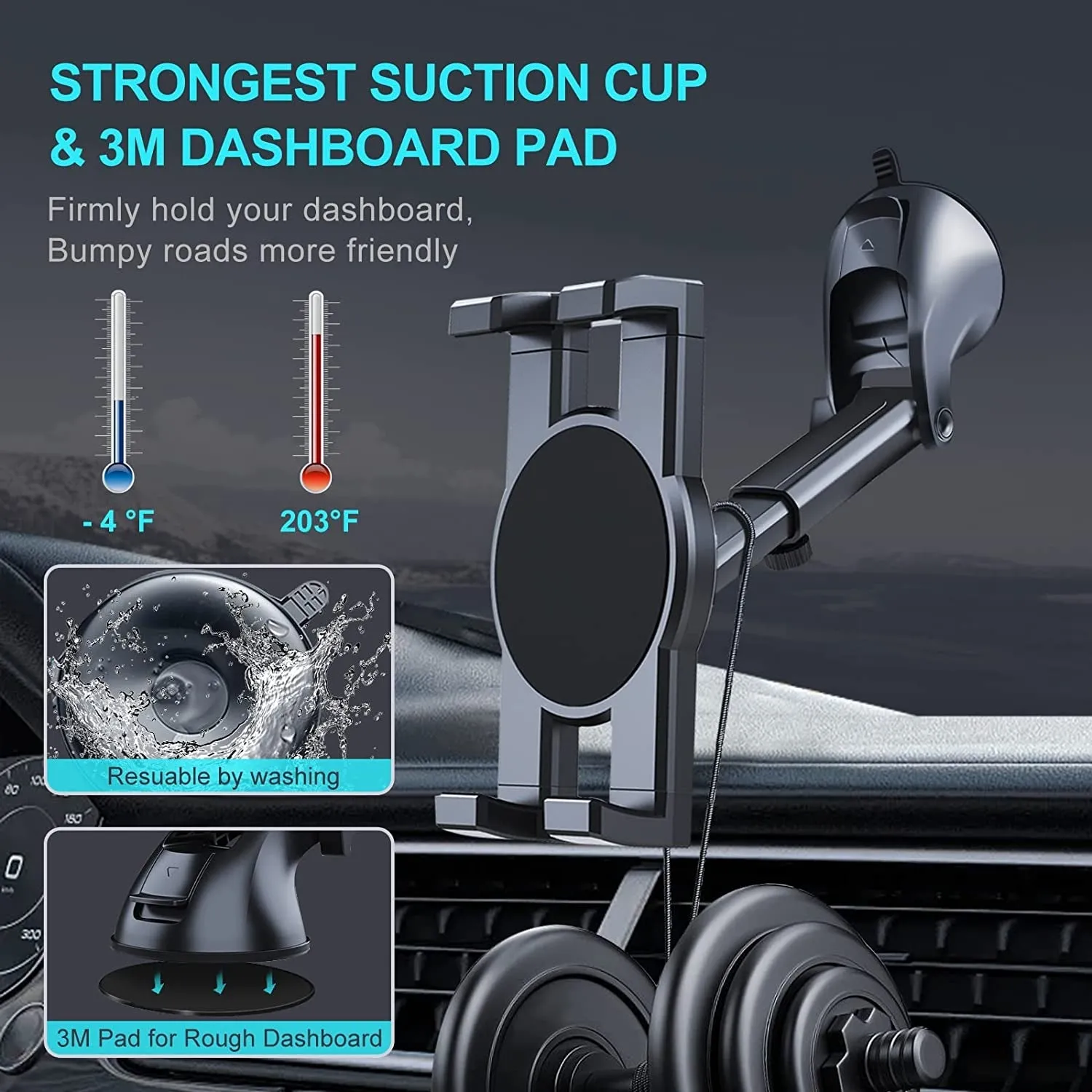 Dashboard & Windshield Car Tablet Mount Holder, 360° Rotatable Suction Cup Window Dash Phone Stand for Ipad Pro 12.9/9.7/11/10.5/Air/Mini 6 5 4, Samsung Galaxy Tab, Iphone 14/13, 4.7"-12.9" Tab Phone