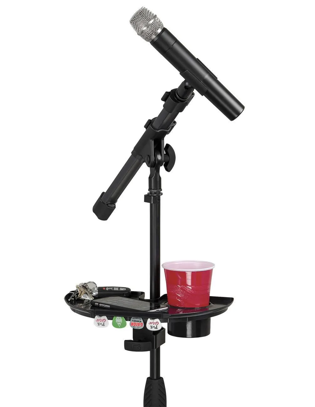 Gator Frameworks Microphone Stand Accessory Tray with Drink Holder and Guitar Pick Tab