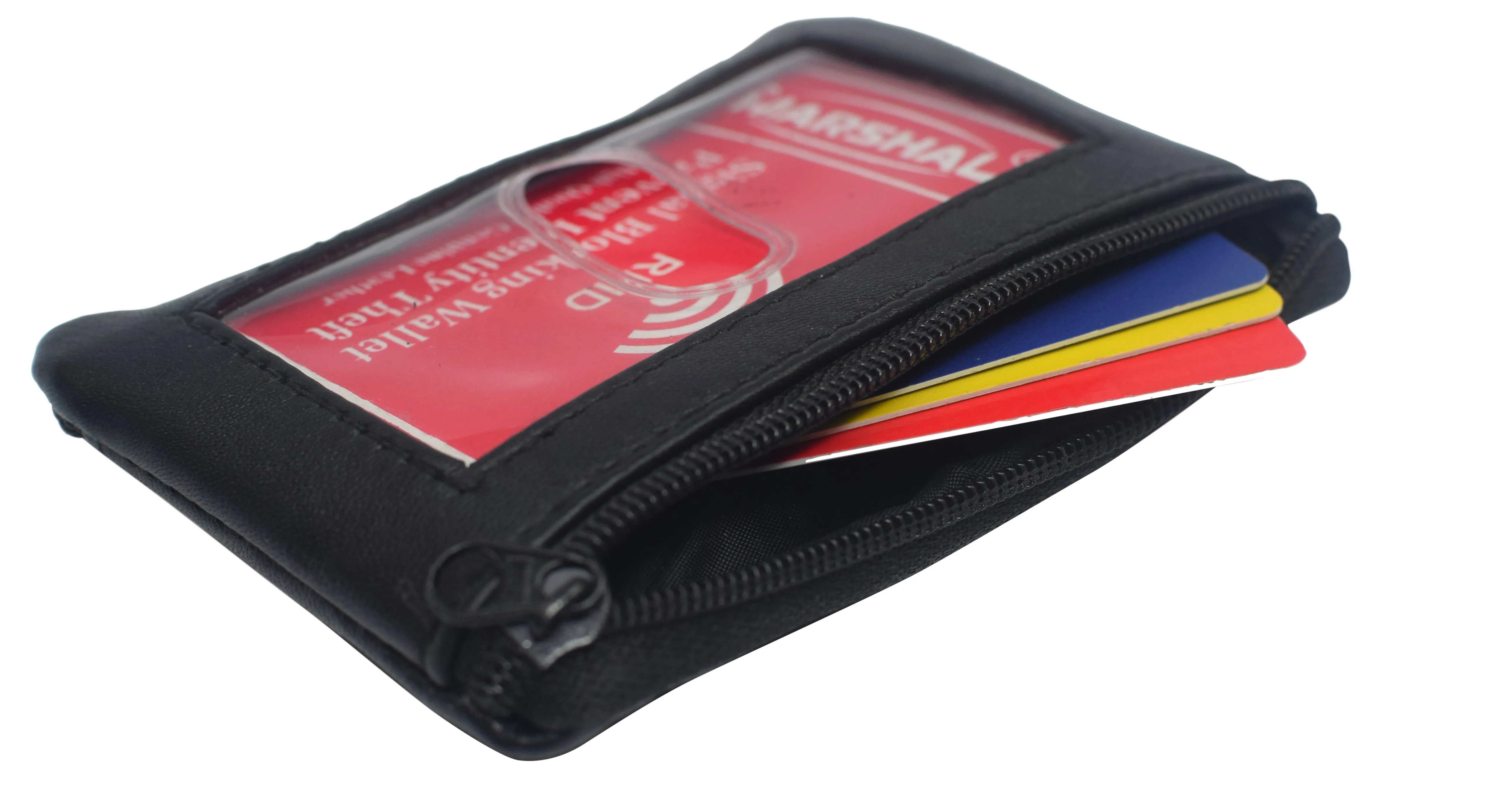 Genuine Leather Lightweight Zippered Minimalist Wallet with Clear ID Window with Key Ring