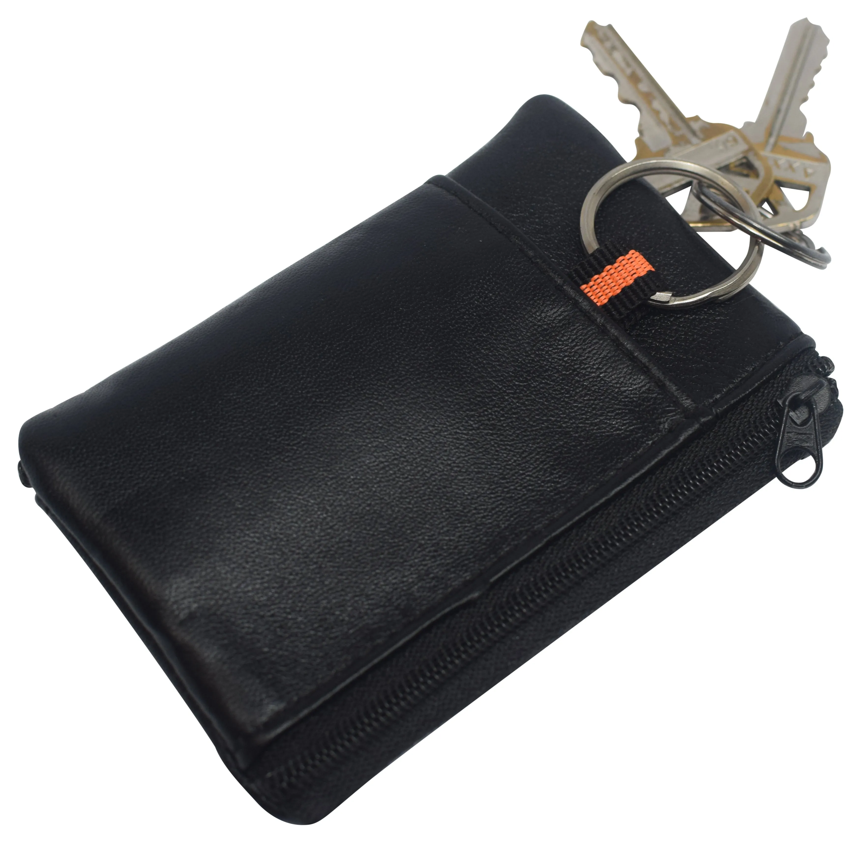 Genuine Leather Lightweight Zippered Minimalist Wallet with Clear ID Window with Key Ring