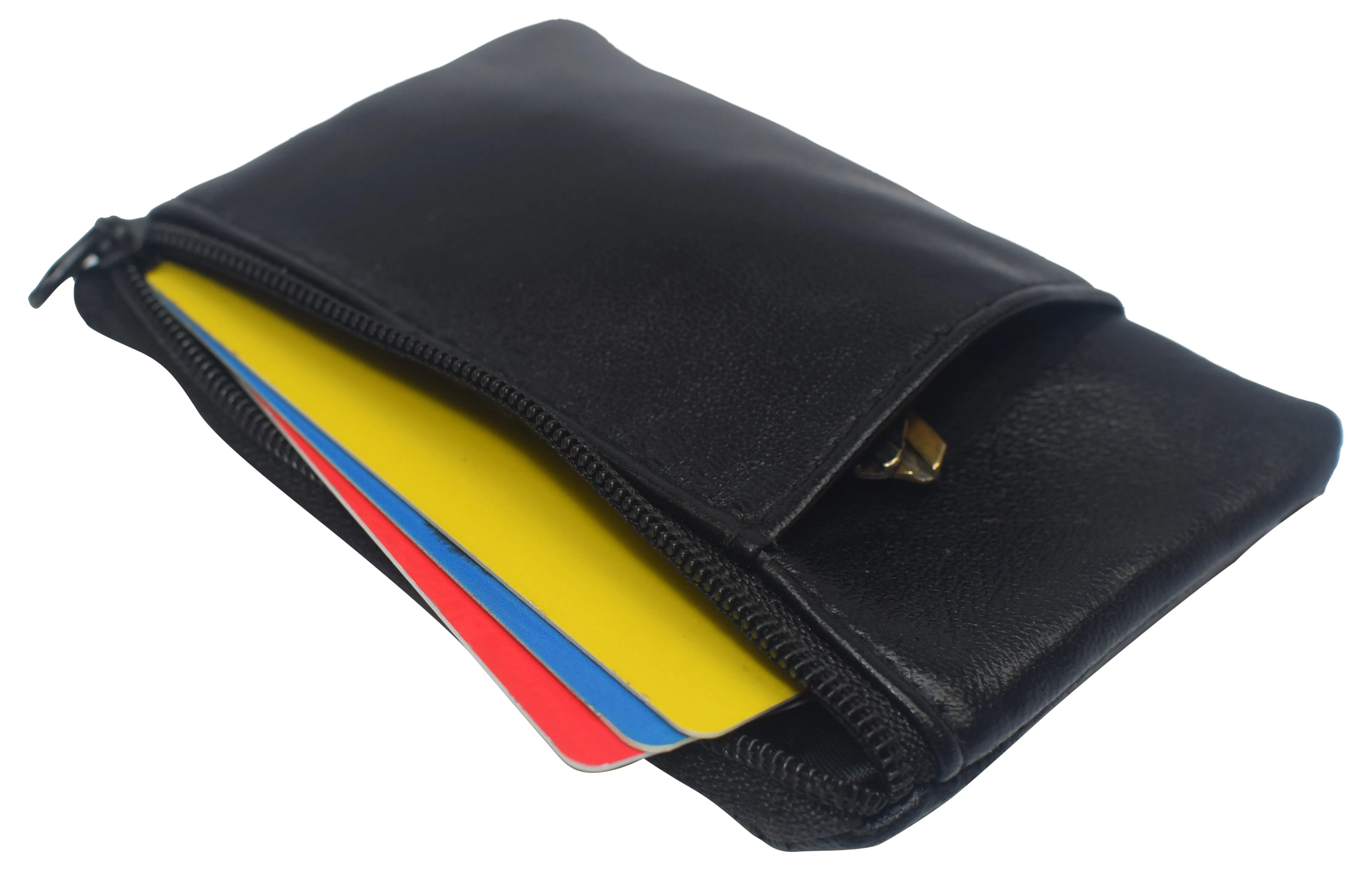 Genuine Leather Lightweight Zippered Minimalist Wallet with Clear ID Window with Key Ring