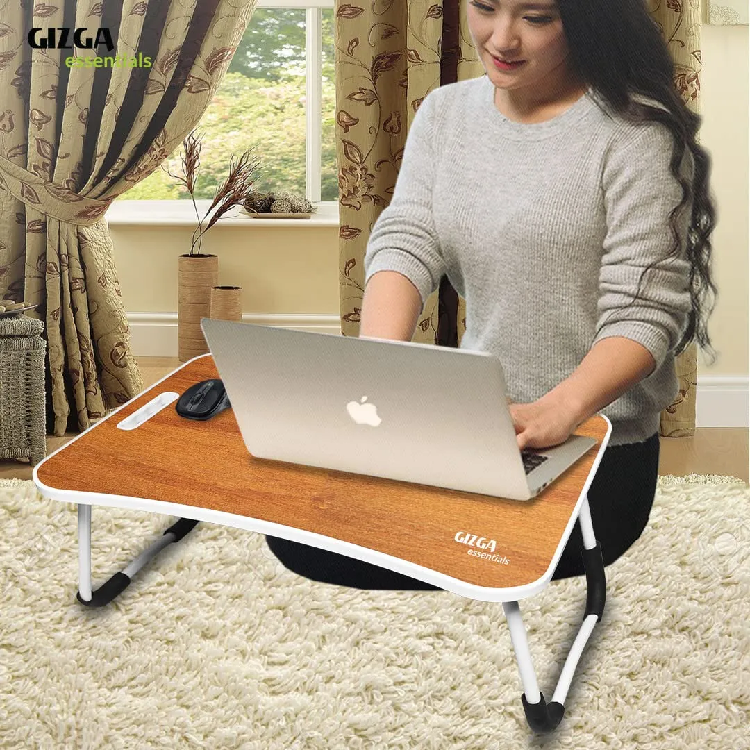 Gizga Essentials Stylish Multi-Purpose Portable Laptop Table, Foldable Wooden Desk for Bed Tray, Laptop Table, Study Table with Mug Holder, Ergonomic, Non-Slip Legs, Breakfast in Bed Table, Tan