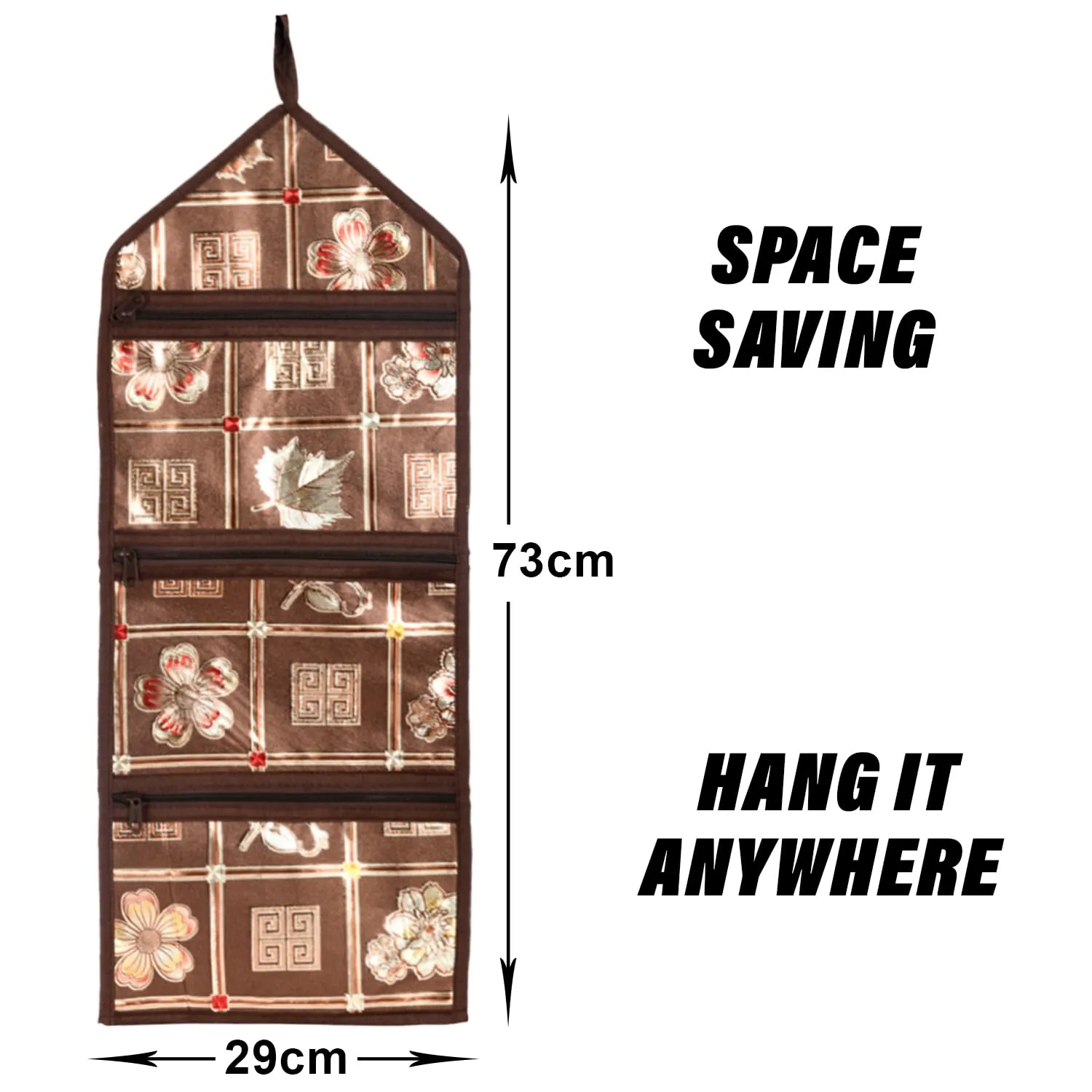 Heart Home Paper Holder | Foldable Hanging Organizer | PVC Shinning Check Pattern Document Holder | 3 Pocket Wall Hanging Holder with Zipper | Pack of 2 | Brown