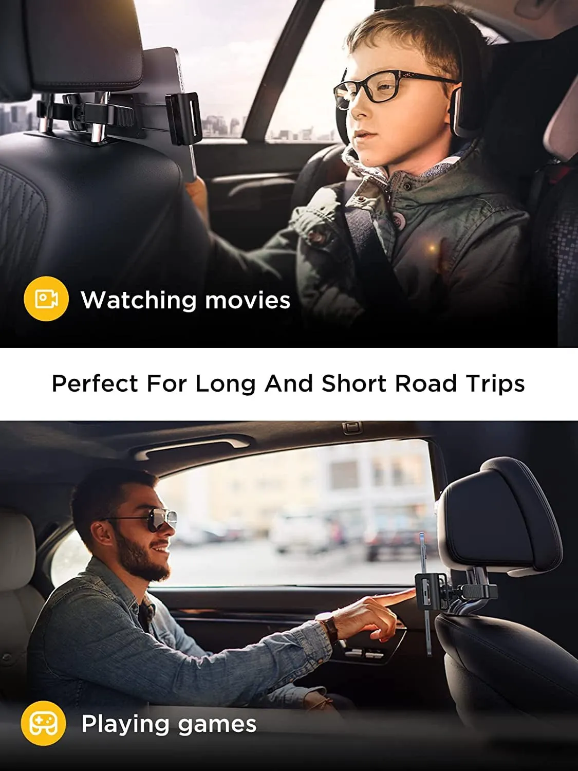 LISEN Tablet Ipad Holder for Car Mount Headrest - Ipad Car Holder Back Seat Travel Portable Car Tablet Holder Mount Road Trip Essentials for Kids Adults Fits All 4.7-12.9" Devices & Headrest Rod