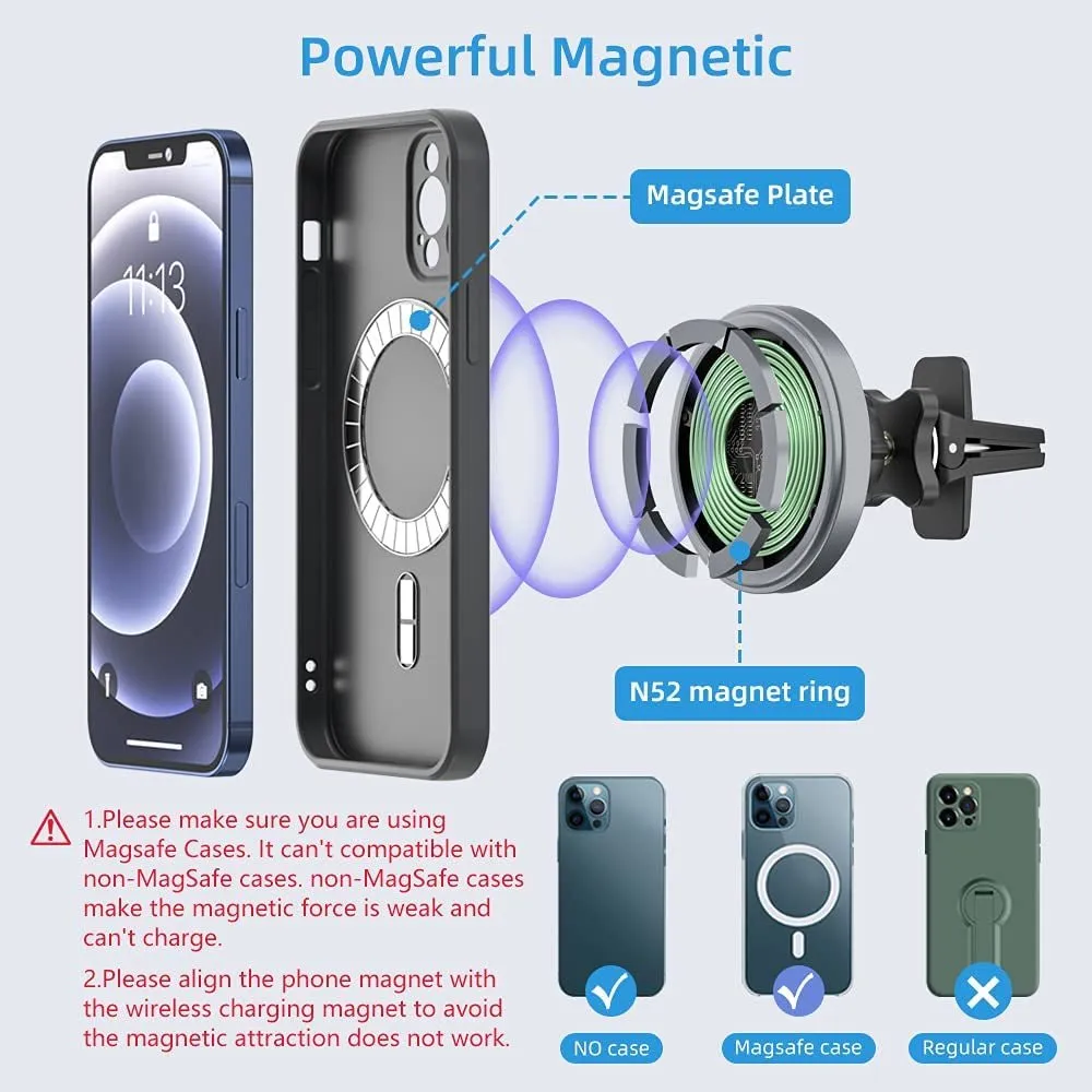 Magnetic Wireless Car Charger Mount, Stick on the Dashboard for Magsafe Iphone 14/14 Pro/14 Max/13/13 Pro/13 Pro Max/ 12/12Pro/Mini, Fast Charging Auto-Alignment Air Vent Phone Holder (Dark Grey)