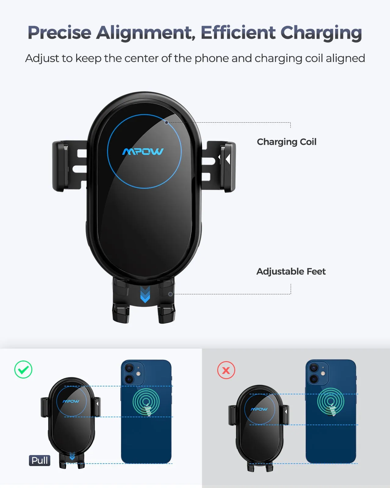 Mpow CA164A Wireless Car Charger, 10W/7.5W/5W, Auto-Clamping