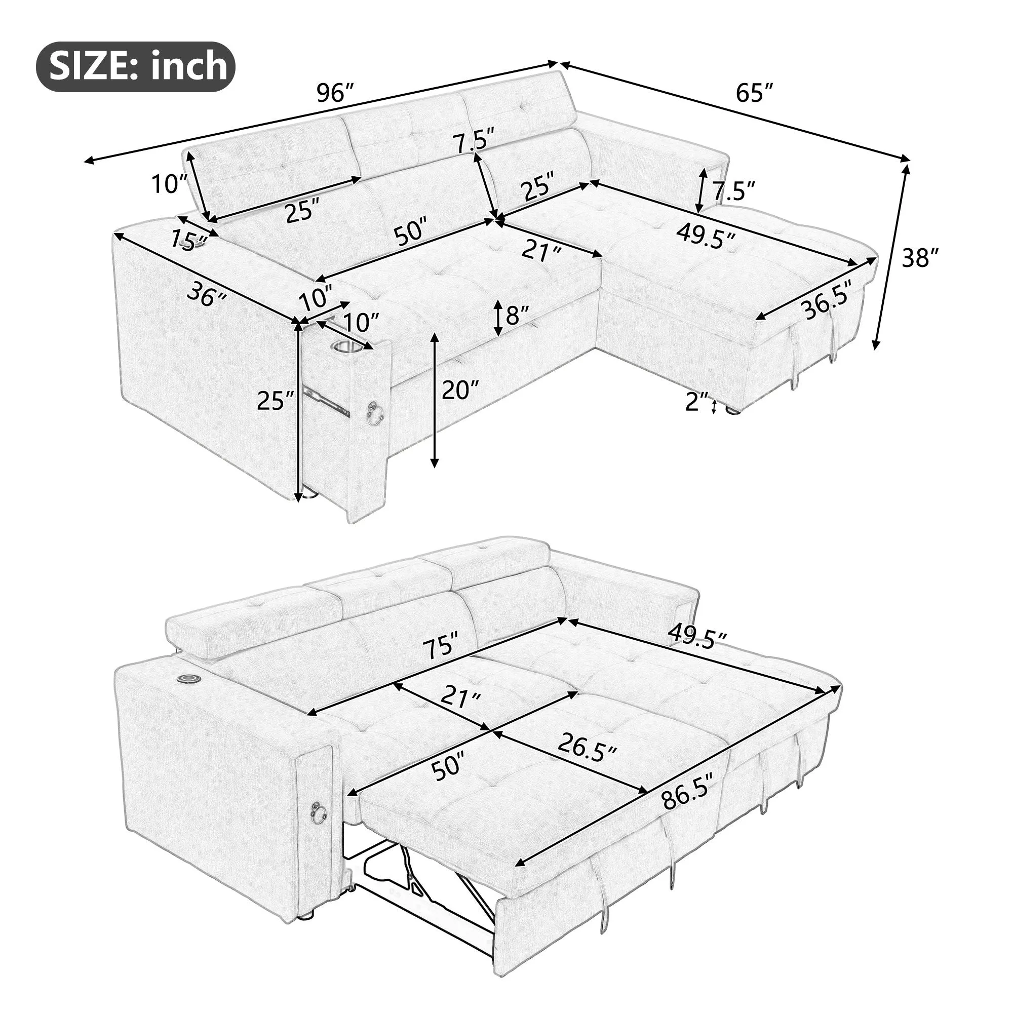 Multi-Functional Pull-Out Sofa Bed L-Shape Sectional Sofa With Adjustable Headrest, Wireless Charging, Cup Holders And Hidden Storage For Living Room