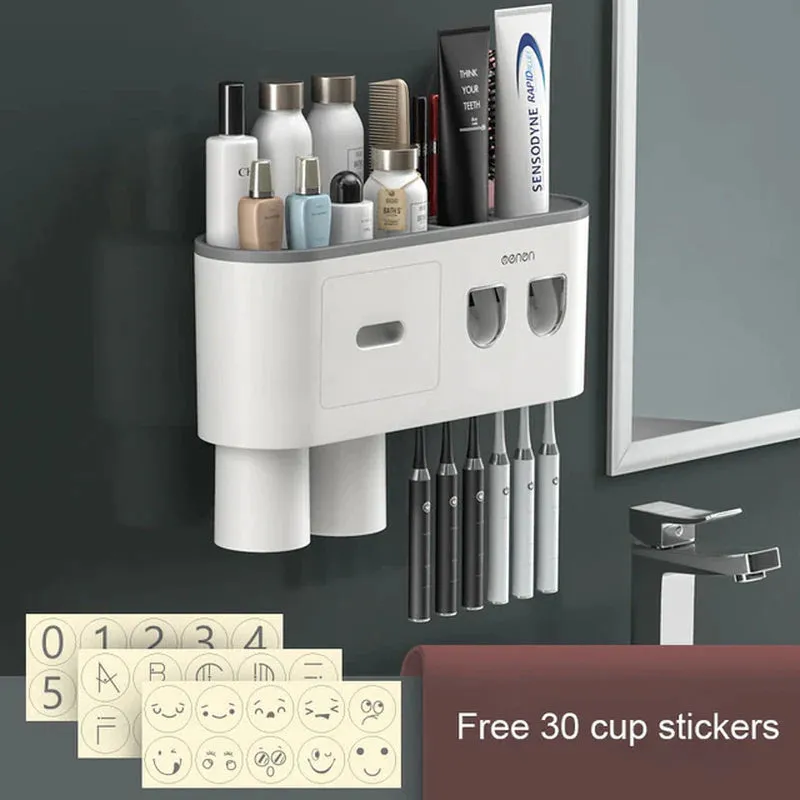 "Organize Your Bathroom with the Magnetic Adsorption Toothbrush Holder and Waterproof Storage Box - Includes Toothpaste Dispenser and Wall Mount - Perfect Bathroom Accessories for Easy and Stylish Storage!"