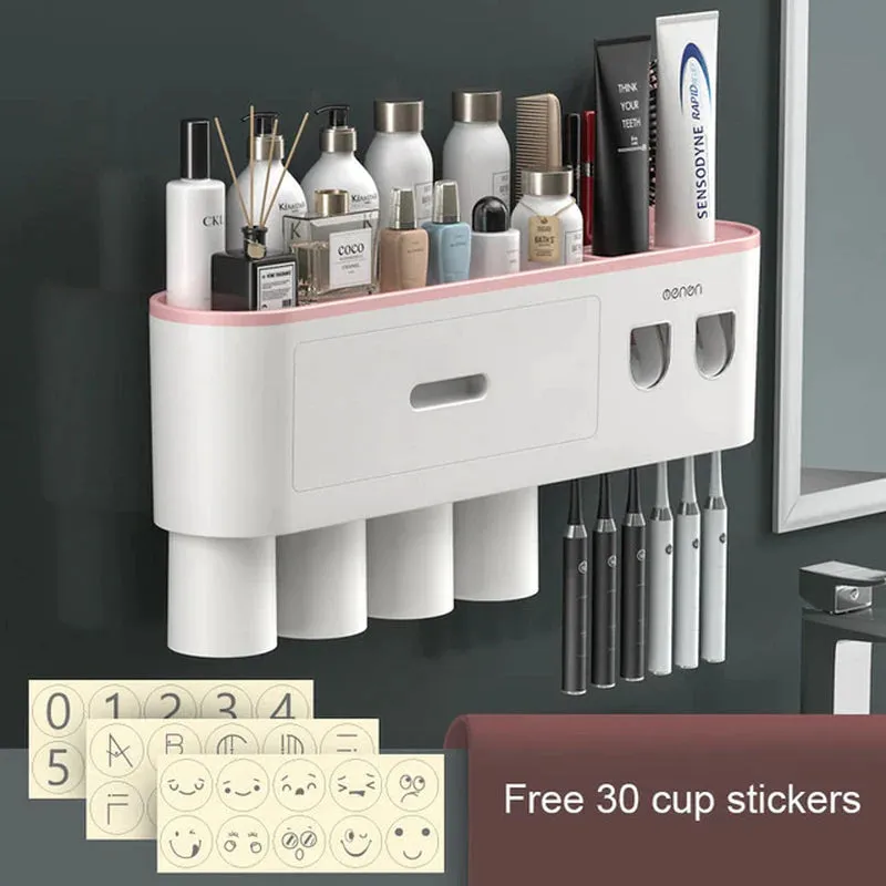 "Organize Your Bathroom with the Magnetic Adsorption Toothbrush Holder and Waterproof Storage Box - Includes Toothpaste Dispenser and Wall Mount - Perfect Bathroom Accessories for Easy and Stylish Storage!"