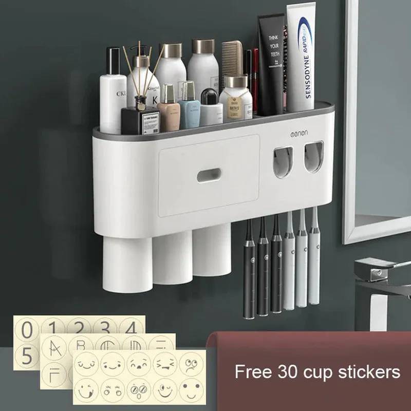 "Organize Your Bathroom with the Magnetic Adsorption Toothbrush Holder and Waterproof Storage Box - Includes Toothpaste Dispenser and Wall Mount - Perfect Bathroom Accessories for Easy and Stylish Storage!"