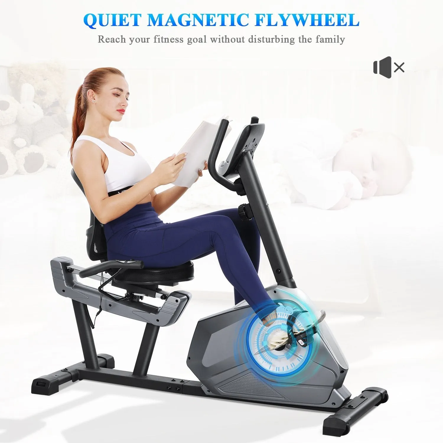 Recumbent Exercise Bike Stationary Magnetic Resistance 8 Levels Adjustable Static Indoor Cycling Bike with Large LCD Monitor & Ipad Holder for All Ages