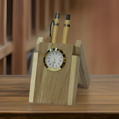 Salvus APP SOLUTIONS Wooden Dual Pen Holder with 2 Wooden-Pens and Table Clock For Home, Office & Gift Showpiece (6.5x17 cm)