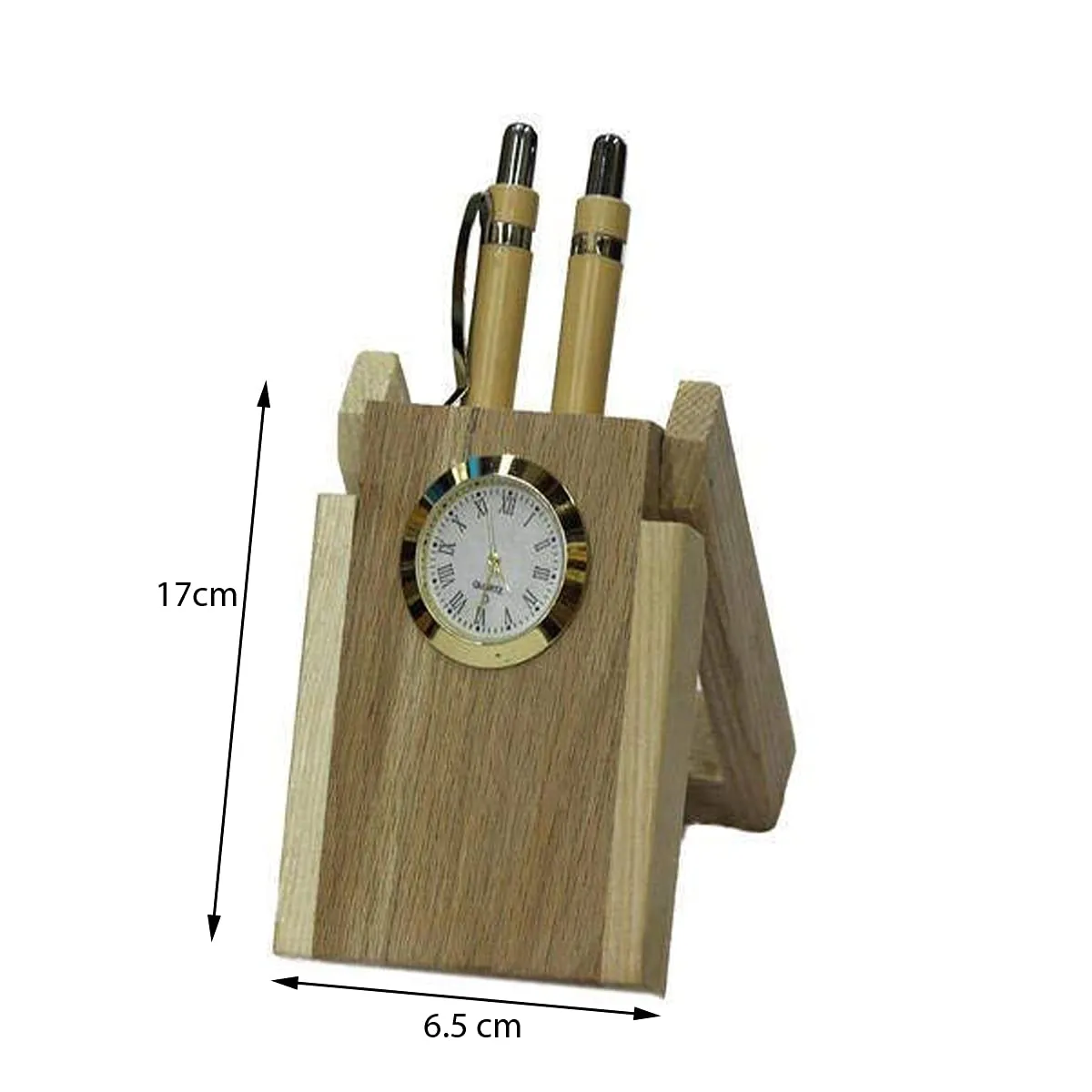 Salvus APP SOLUTIONS Wooden Dual Pen Holder with 2 Wooden-Pens and Table Clock For Home, Office & Gift Showpiece (6.5x17 cm)