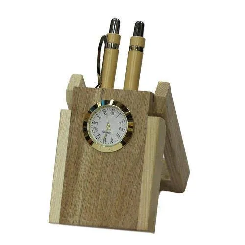 Salvus APP SOLUTIONS Wooden Dual Pen Holder with 2 Wooden-Pens and Table Clock For Home, Office & Gift Showpiece (6.5x17 cm)