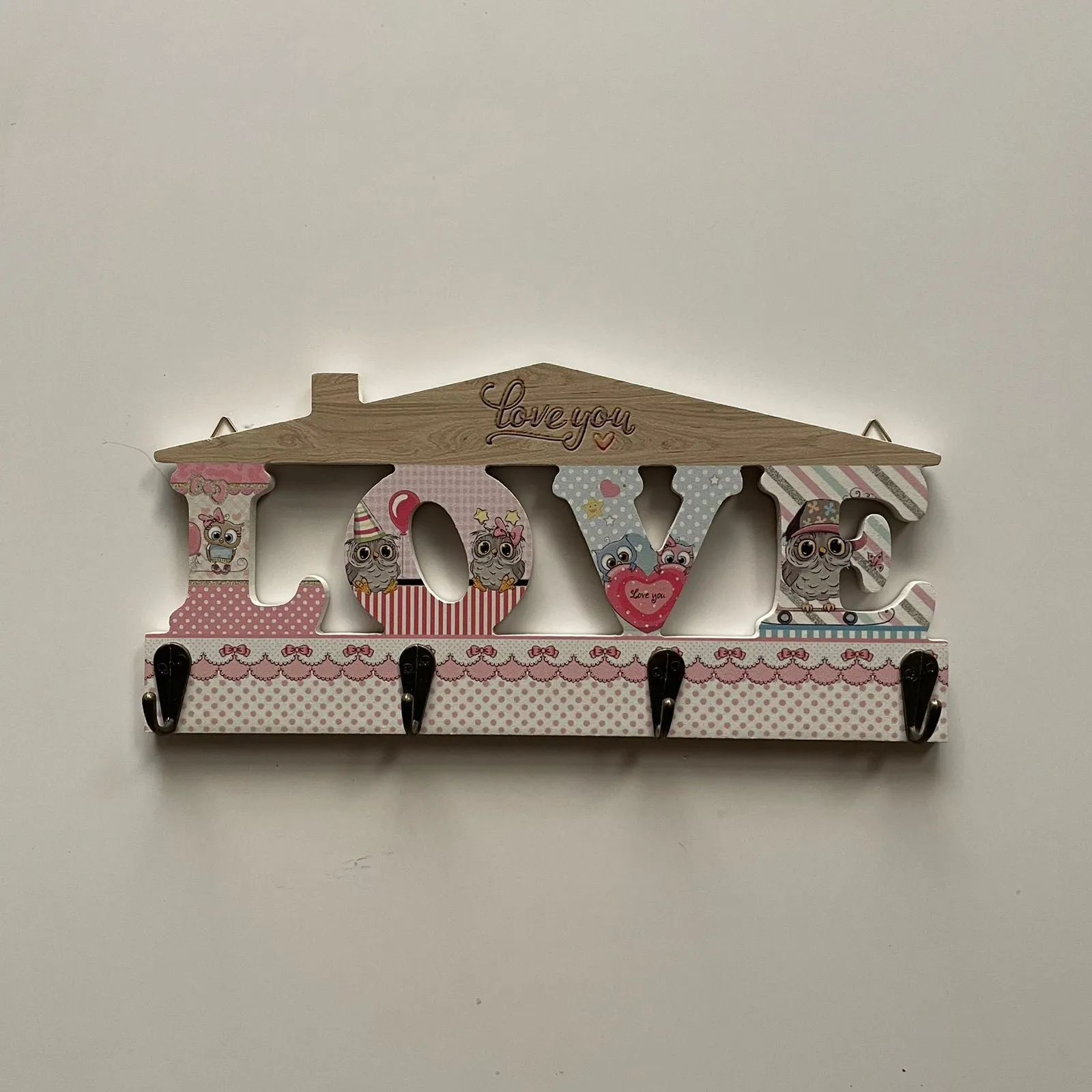 Stylish Love Design Wooden Colorful Key Holder With 4 Hooks for Hanging -1 PC-BY APT