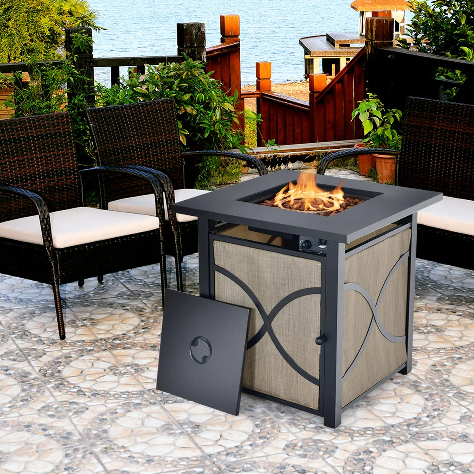 Tangkula 25-Inch Propane Fire Pit Table, 40,000 BTU Auto Ignition Gas Fire Table with Removable Lid