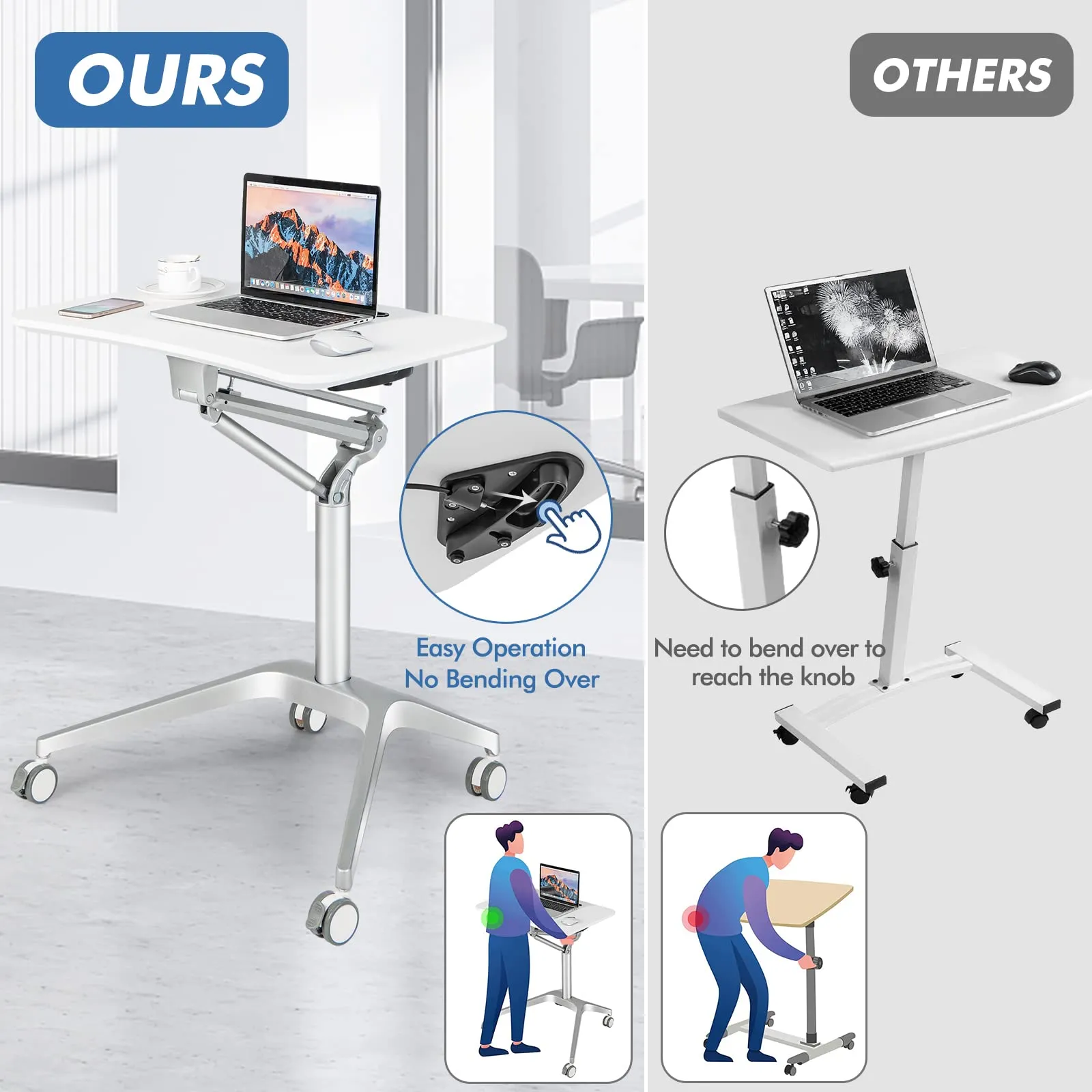 Tangkula Mobile Standing Desk, Pneumatic Sit Stand Laptop Desk with Tablet Holder & 4 Rolling Casters