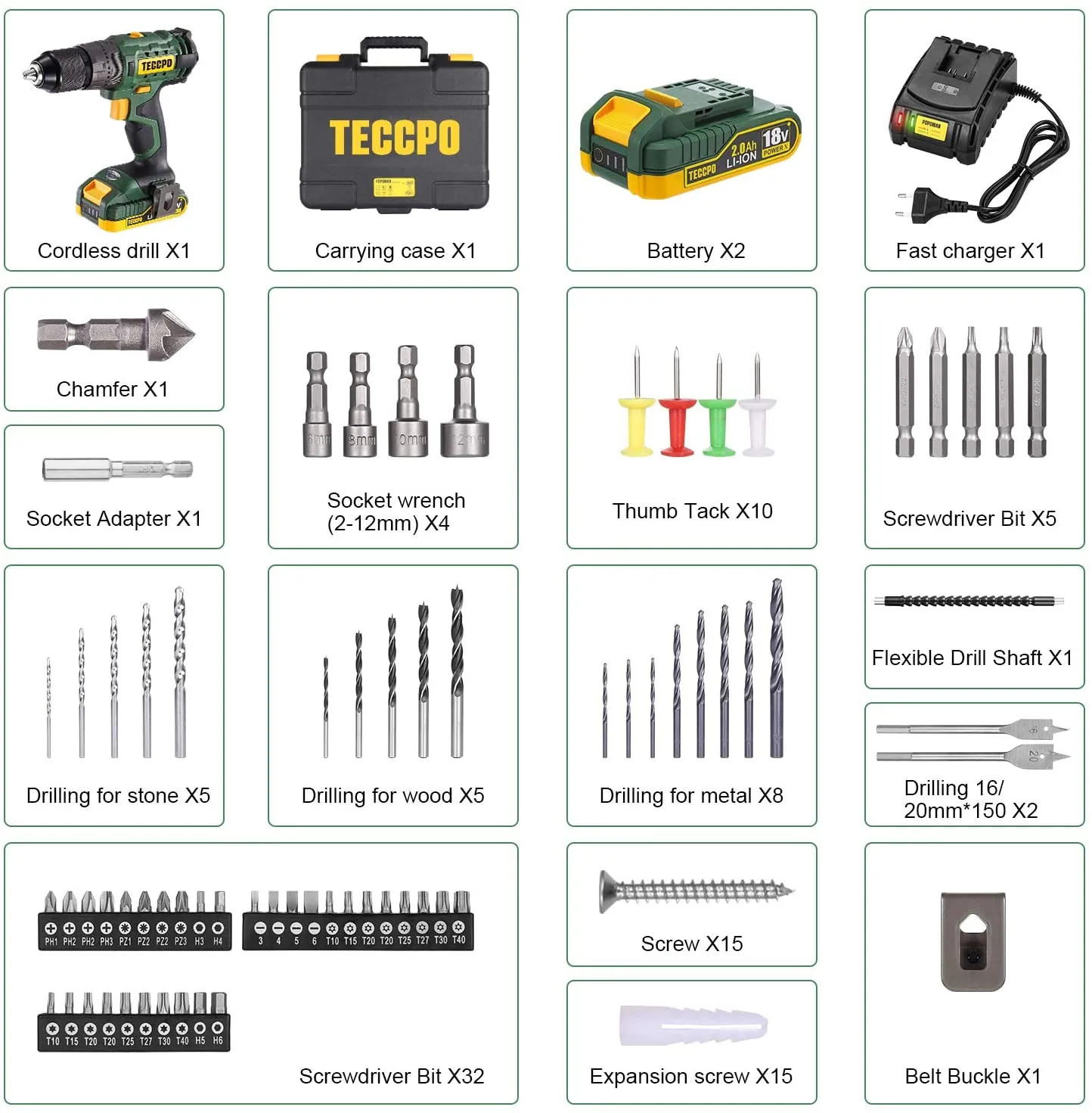 TECCPO Cordless screwdriver 45 Nm, 18 V, 2 x 2 Ah batteries, 0-6000 / 0-22500BPM, adapter, belt buckle with accessories - BHD700B