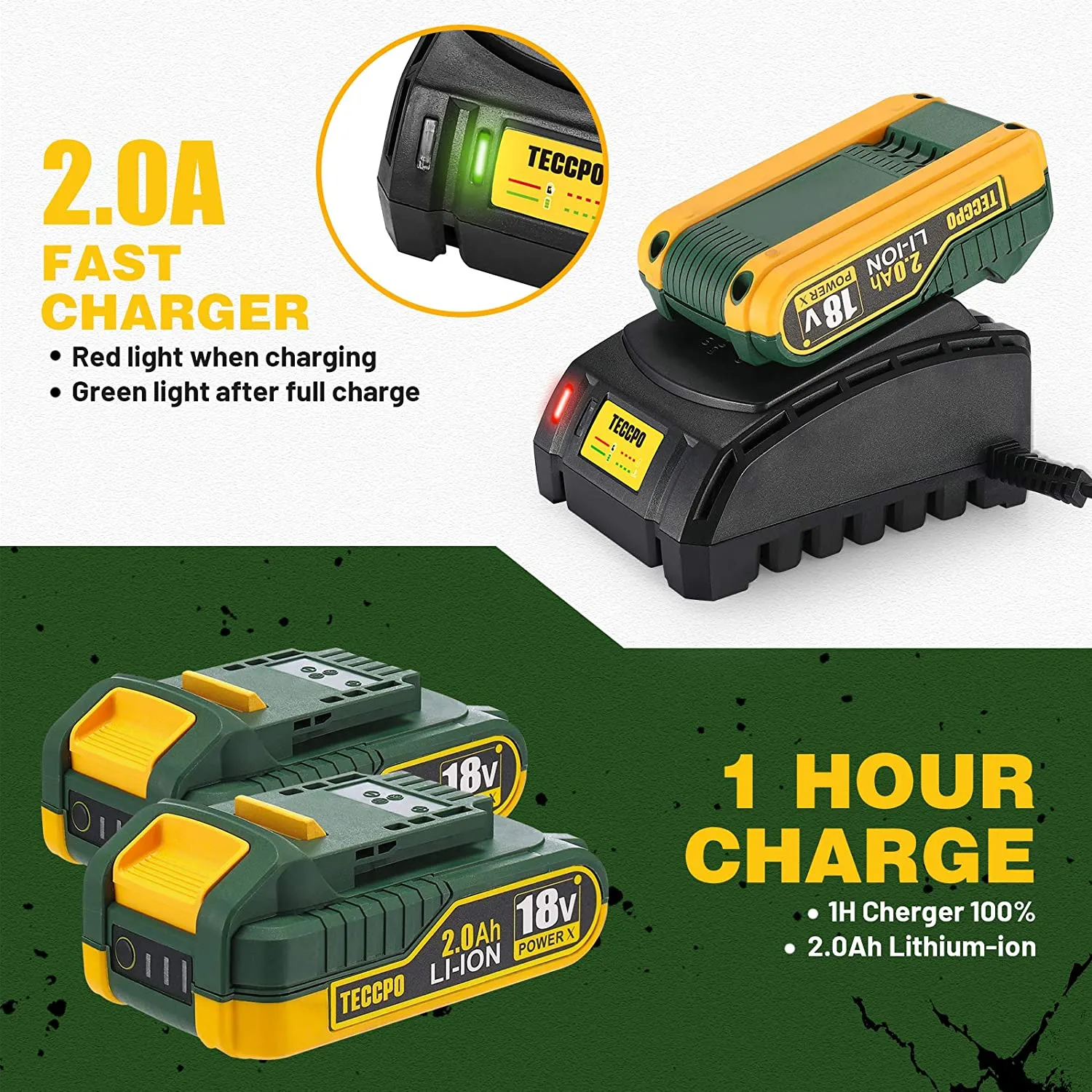 TECCPO Cordless screwdriver 45 Nm, 18 V, 2 x 2 Ah batteries, 0-6000 / 0-22500BPM, adapter, belt buckle with accessories - BHD700B