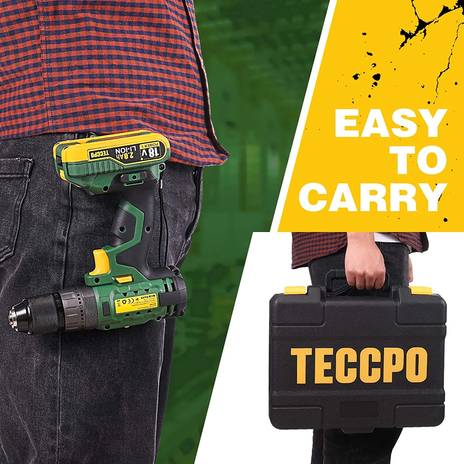 TECCPO Cordless screwdriver 45 Nm, 18 V, 2 x 2 Ah batteries, 0-6000 / 0-22500BPM, adapter, belt buckle with accessories - BHD700B