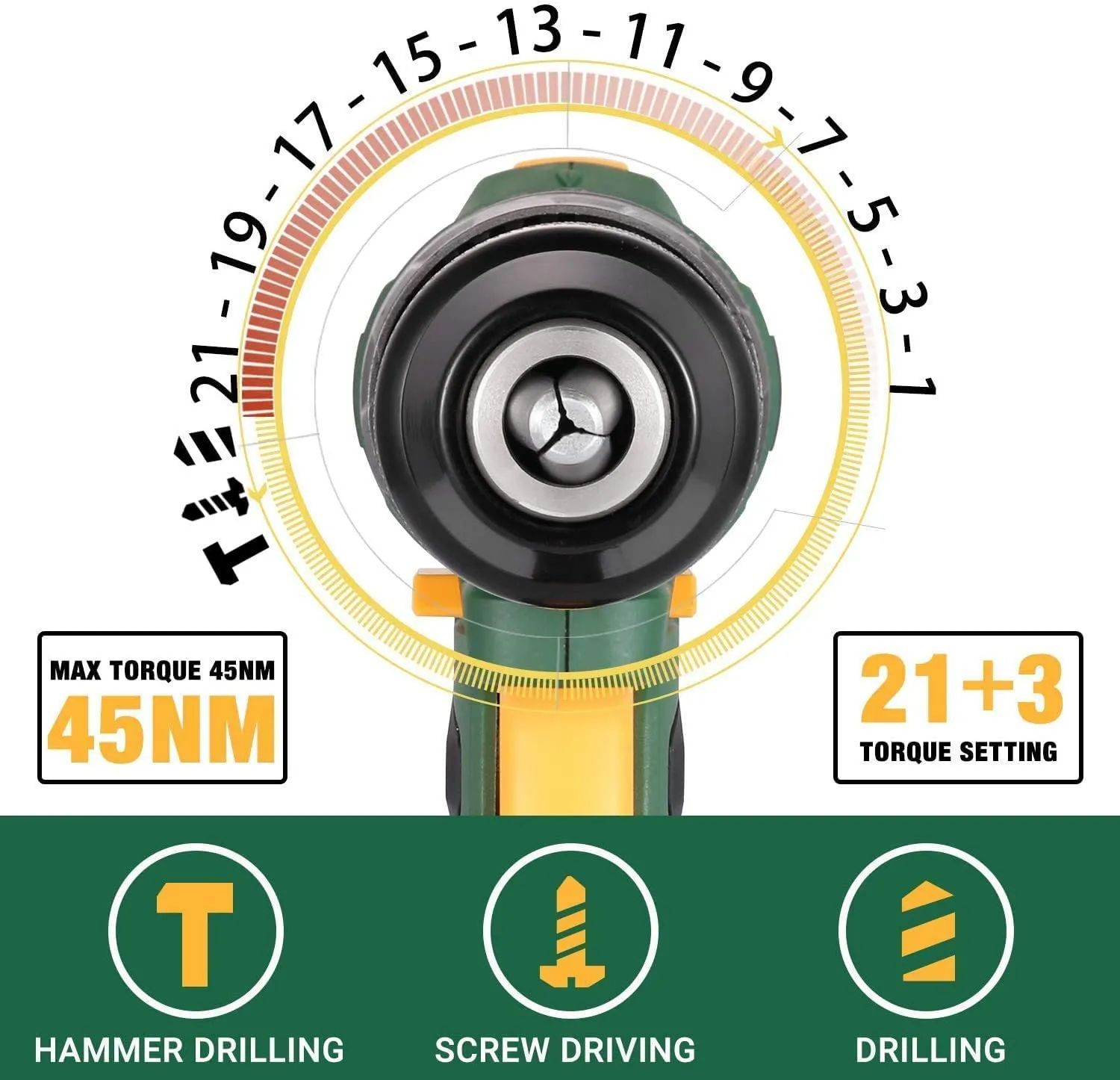 TECCPO Cordless screwdriver 45 Nm, 18 V, 2 x 2 Ah batteries, 0-6000 / 0-22500BPM, adapter, belt buckle with accessories - BHD700B