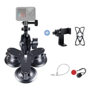 Triangle Suction Cup Mount Holder with Tripod Adapter & Screw & Phone Clamp & Anti-lost Silicone Net for for GoPro, Insta360, DJI and Other Action Cameras, Smartphones(Black)