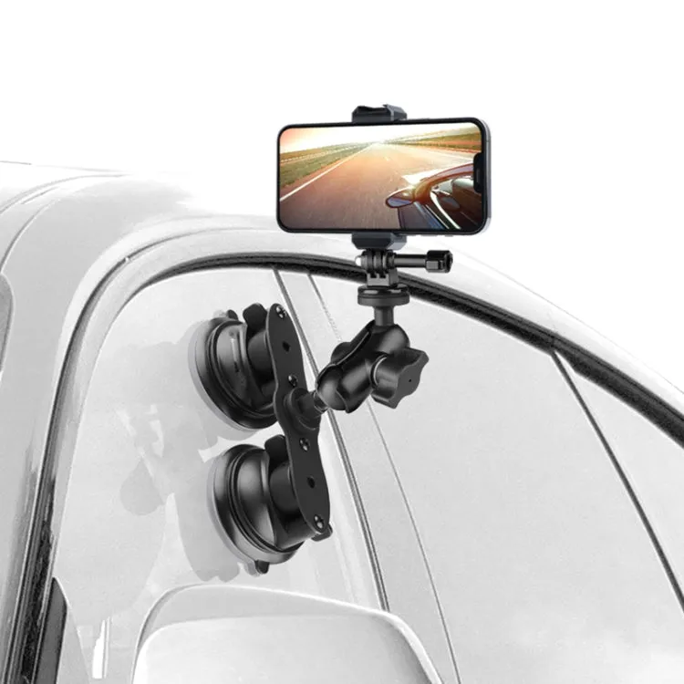 Triangle Suction Cup Mount Holder with Tripod Adapter & Steel Tether & Safety Buckle (Black)