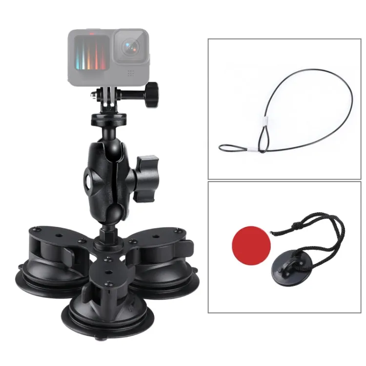 Triangle Suction Cup Mount Holder with Tripod Adapter & Steel Tether & Safety Buckle (Black)