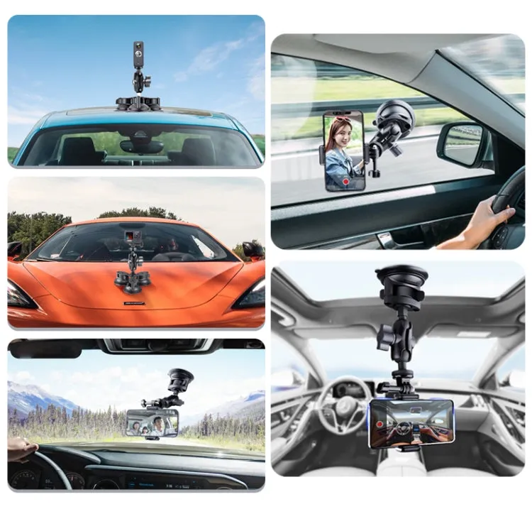 Triangle Suction Cup Mount Holder with Tripod Adapter & Steel Tether & Safety Buckle (Black)