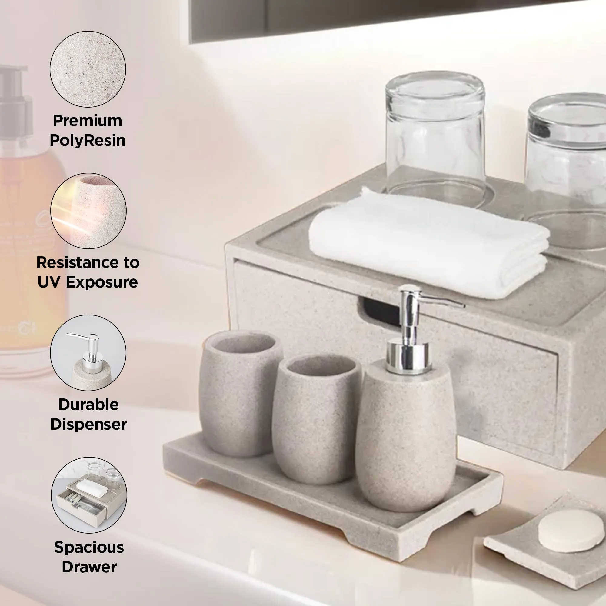 UMAI 6 Pcs Polyresin Bathroom Accessories Set - Soap Holder for Bathroom, Soap Dispenser for Bathroom, 2 Cups, Tray, Amenity Box | Bathroom Organiser | Soap Case | Handwash Dispenser | Khaki