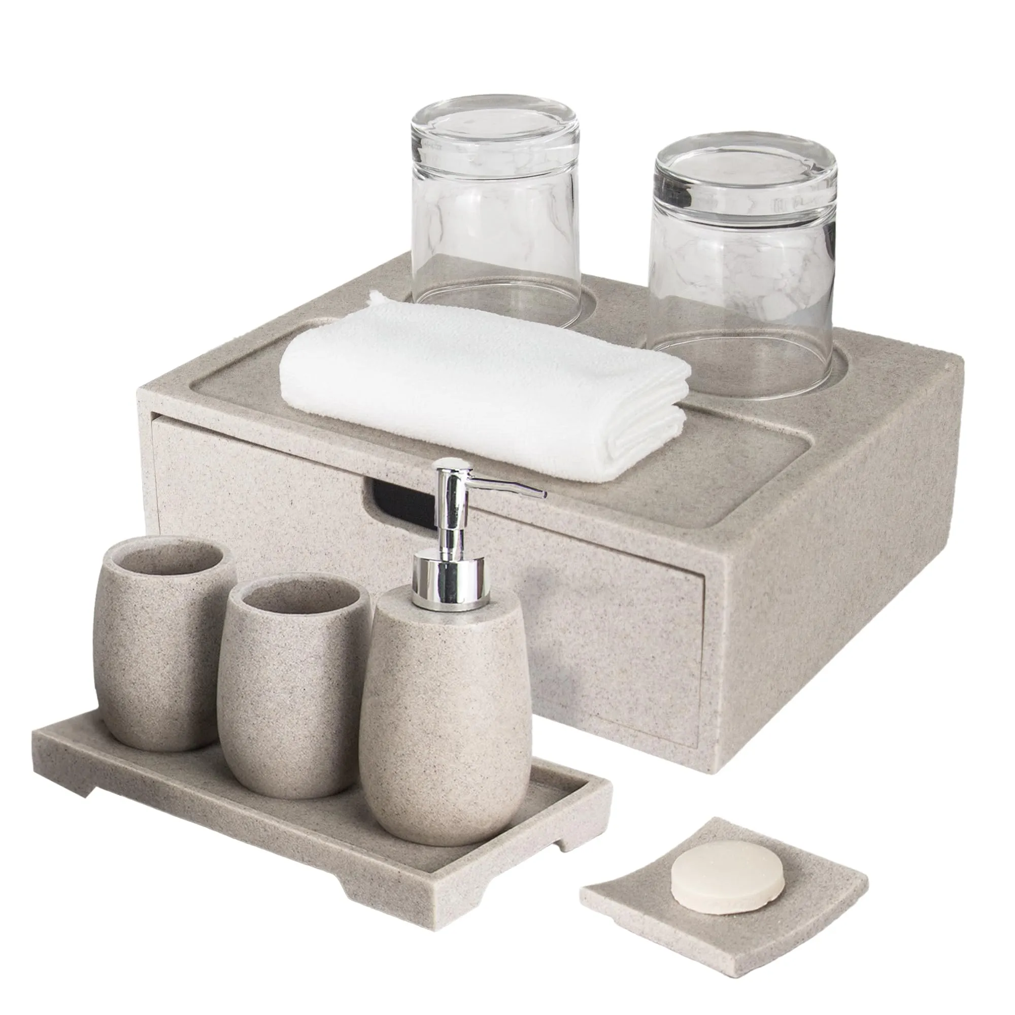 UMAI 6 Pcs Polyresin Bathroom Accessories Set - Soap Holder for Bathroom, Soap Dispenser for Bathroom, 2 Cups, Tray, Amenity Box | Bathroom Organiser | Soap Case | Handwash Dispenser | Khaki