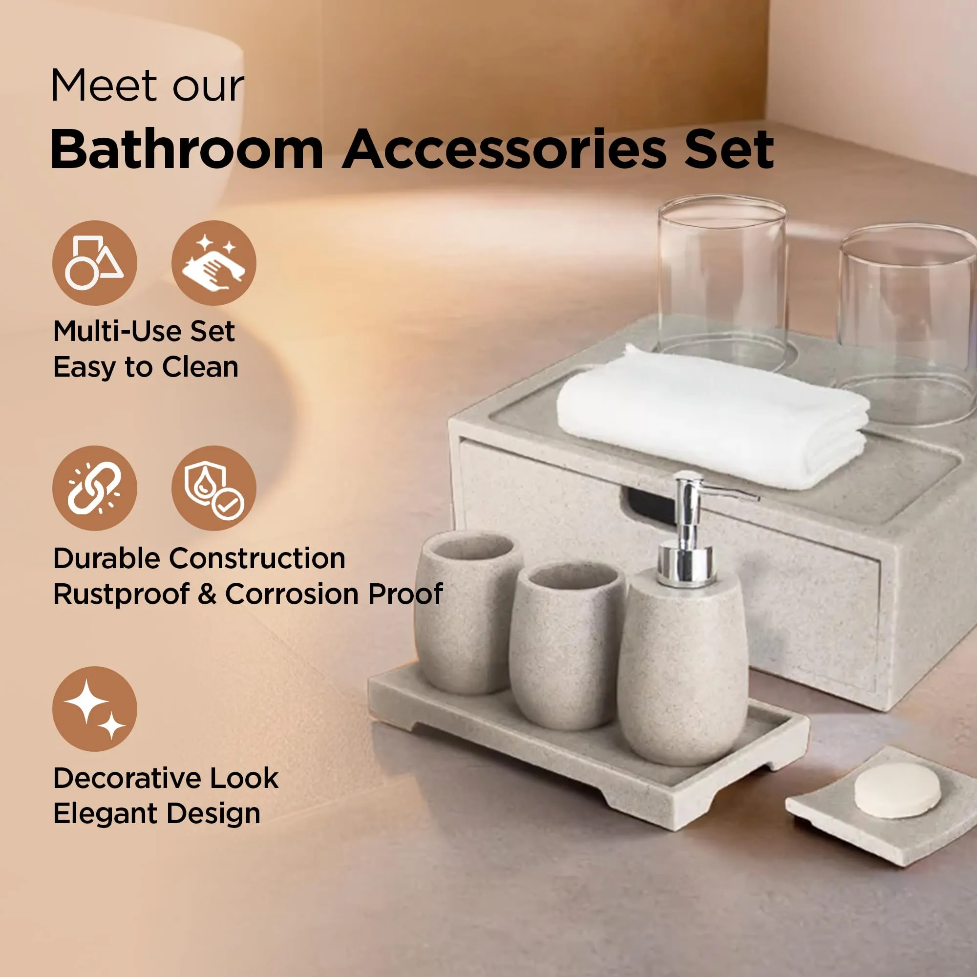 UMAI 6 Pcs Polyresin Bathroom Accessories Set - Soap Holder for Bathroom, Soap Dispenser for Bathroom, 2 Cups, Tray, Amenity Box | Bathroom Organiser | Soap Case | Handwash Dispenser | Khaki