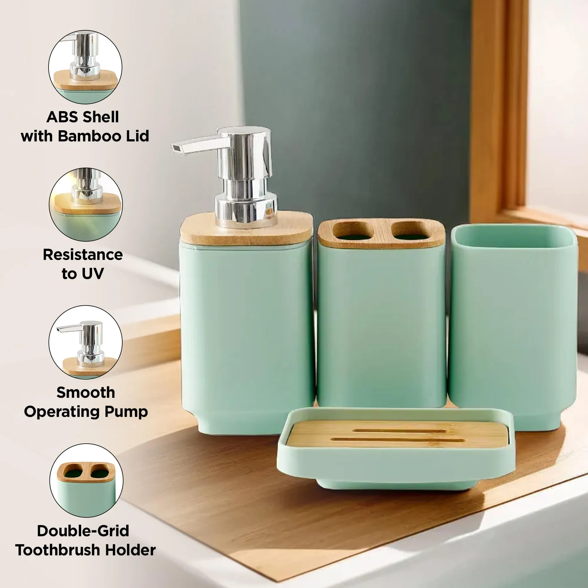 UMAI Bathroom Accessories Set | 4 Piece |Soap Dispenser for Bathroom| Tooth Brush Holder | Mouth Wash Cup |Soap Dish | for Bathroom | Green (Set of 4)