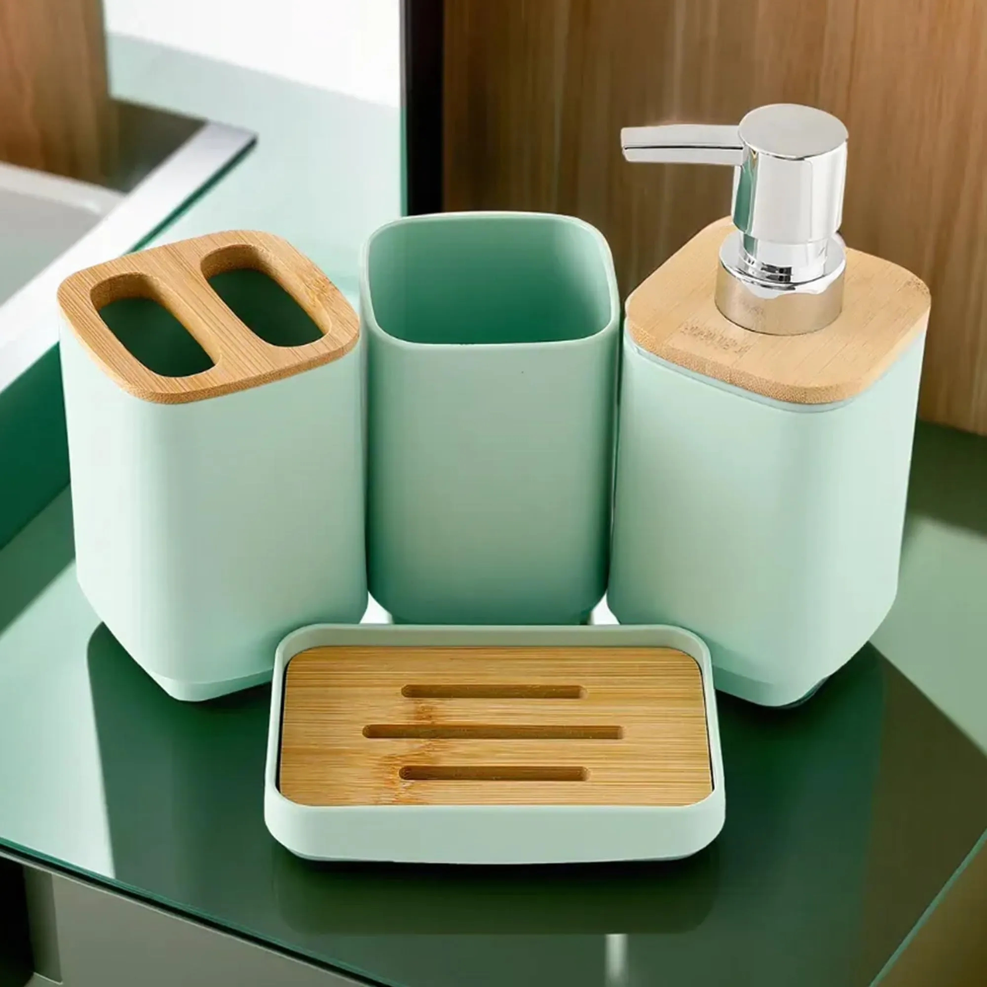 UMAI Bathroom Accessories Set | 4 Piece |Soap Dispenser for Bathroom| Tooth Brush Holder | Mouth Wash Cup |Soap Dish | for Bathroom | Green (Set of 4)