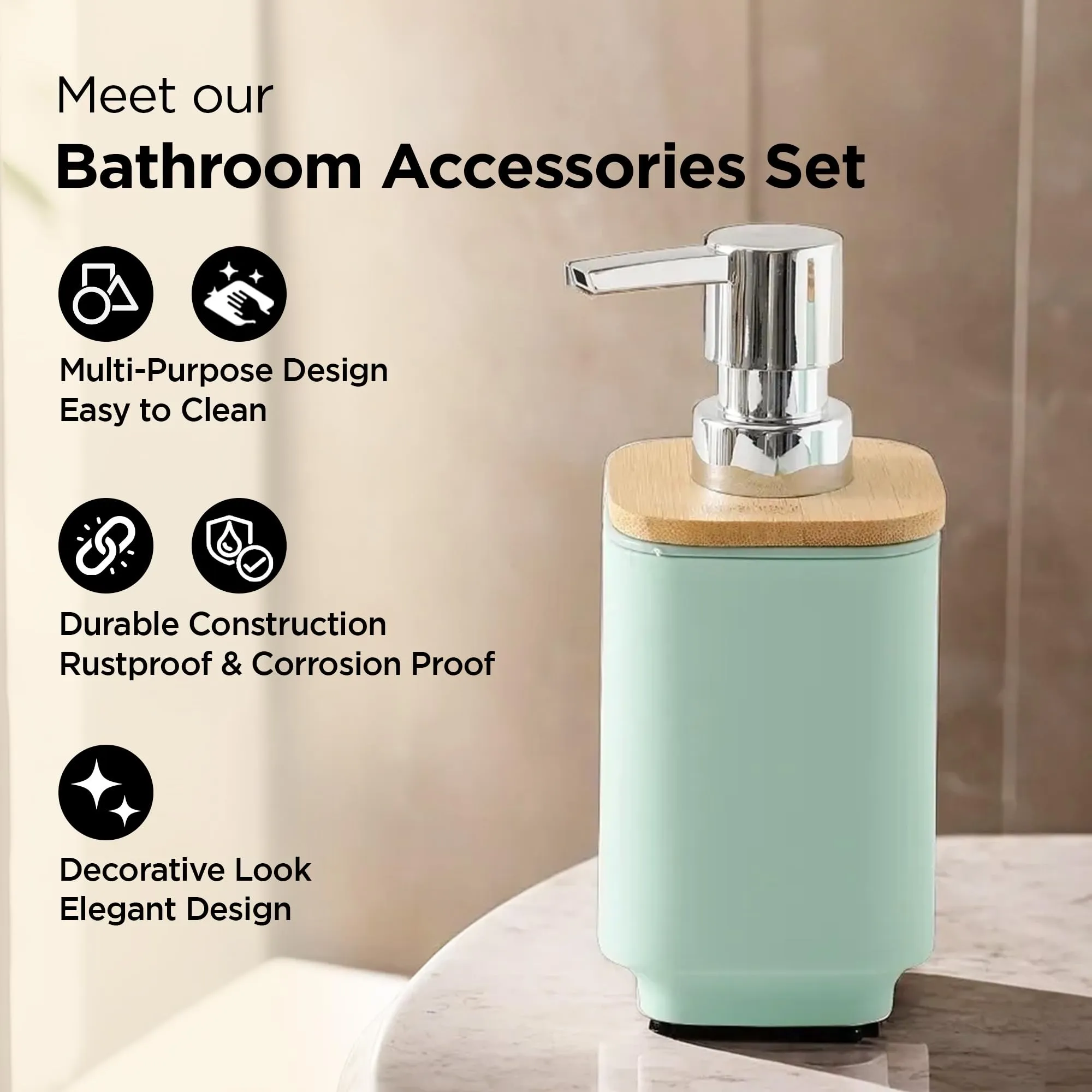 UMAI Bathroom Accessories Set | 4 Piece |Soap Dispenser for Bathroom| Tooth Brush Holder | Mouth Wash Cup |Soap Dish | for Bathroom | Green (Set of 4)