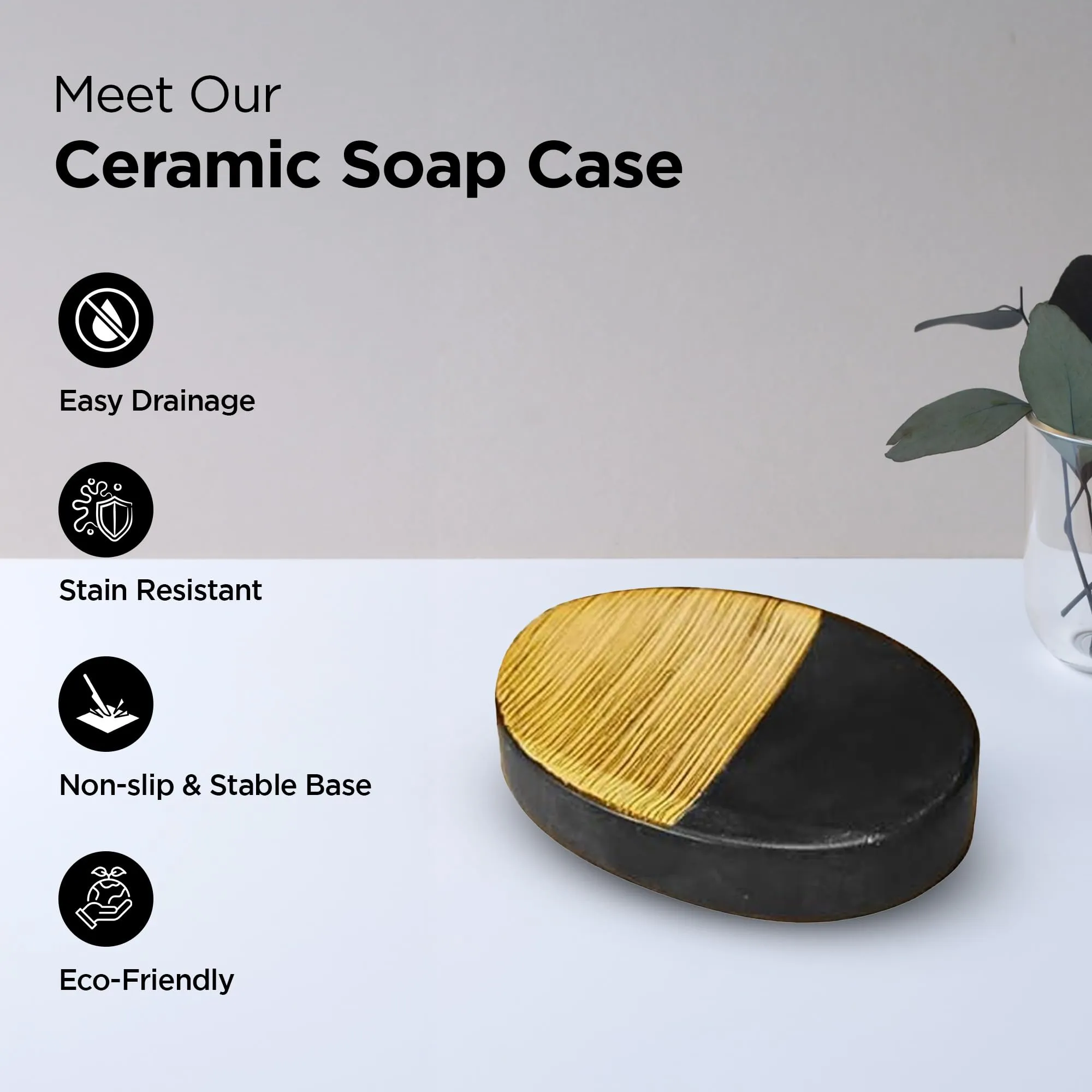 UMAI Soap Holder for Bathroom (17cm) | Ceramic Soap Case | Soap Holder for Kitchen Sink | Stain & Chip Resistant Soap Dish for Bathroom | Soap Stand for Bathroom Non Slip Base- Black