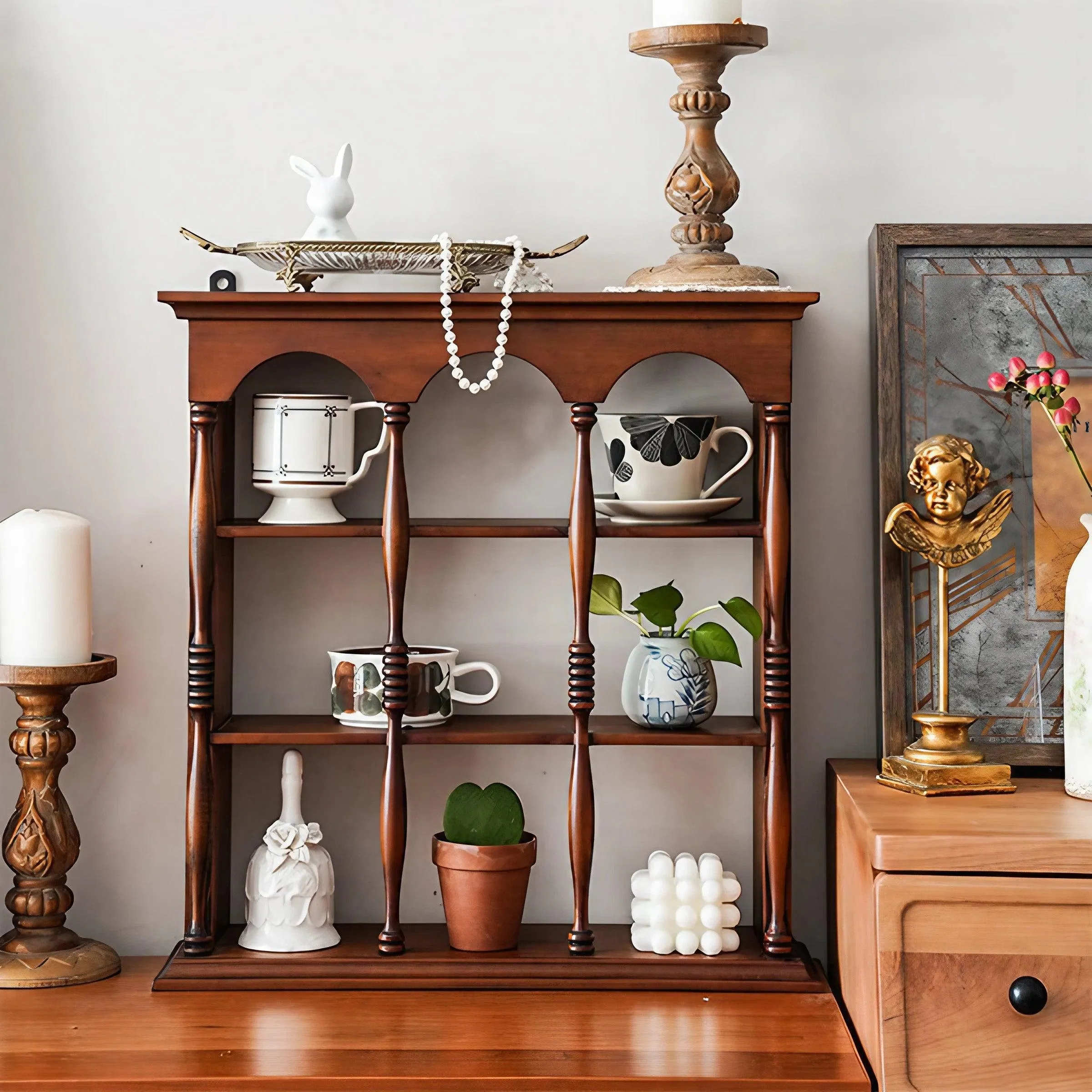 Vintage Solid Wood Shelf/Cup Storage Rack/Wall-Mounted Figurine Display Rack